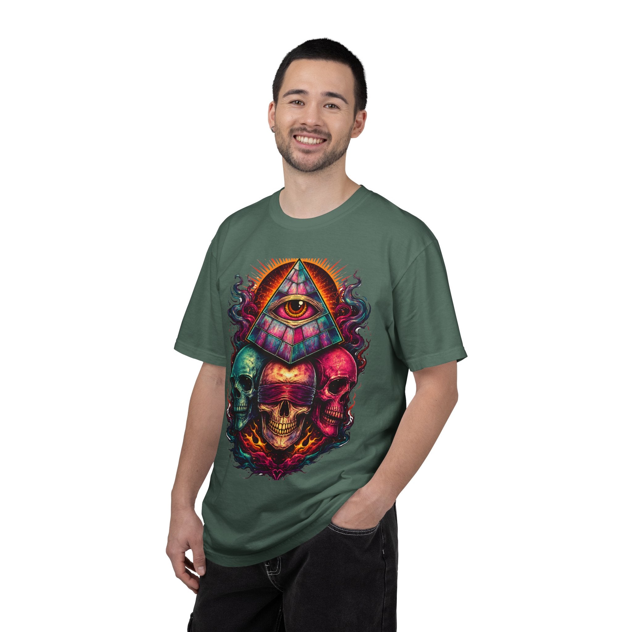 T-Shirt — Psychedelic All-Seeing Eye & Triple Skulls Graphic.       💀 i got make tags for for this Printify