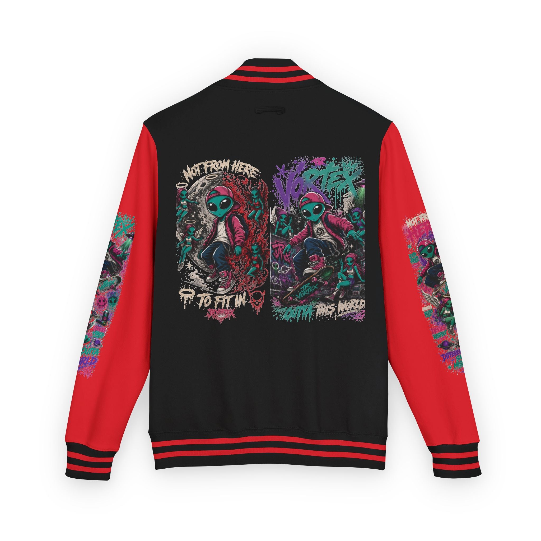 Letterman Jacket — Neon Alien Skull Graphic Varsity Jacket