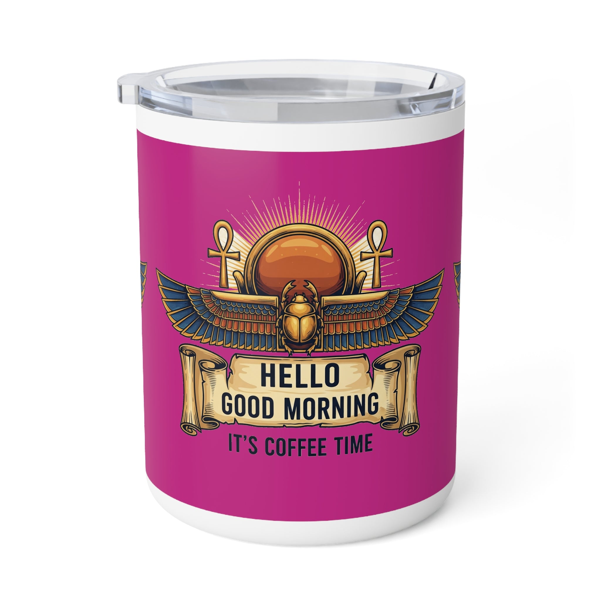 Hello Good Morning Coffee Mug — 10oz Insulated Travel Tumbler with Egyptian Scarab Sunrise Design