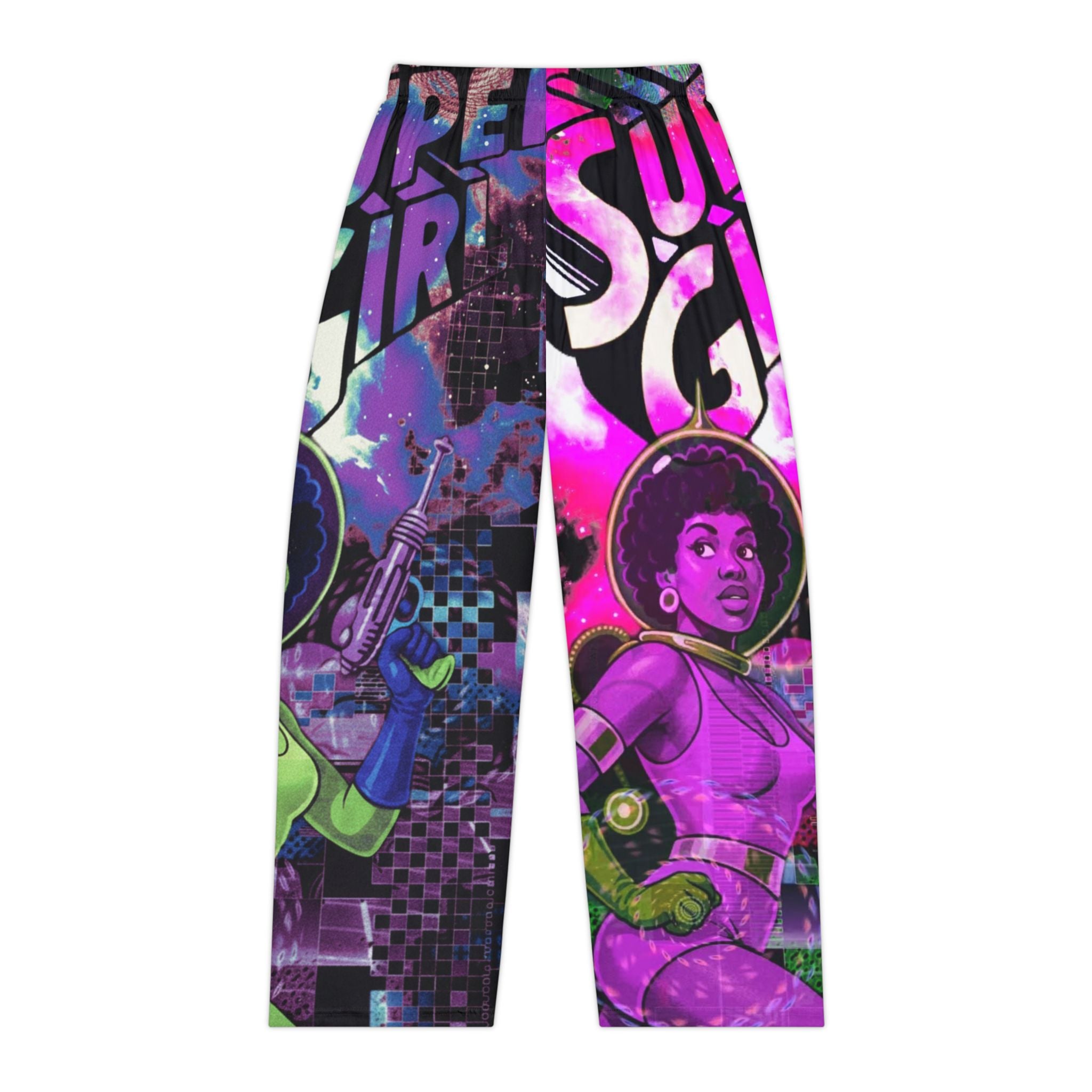 Retro Futuristic 'Super Girl' Women's Pajama Pants — Neon Afro Space Lounge Trousers