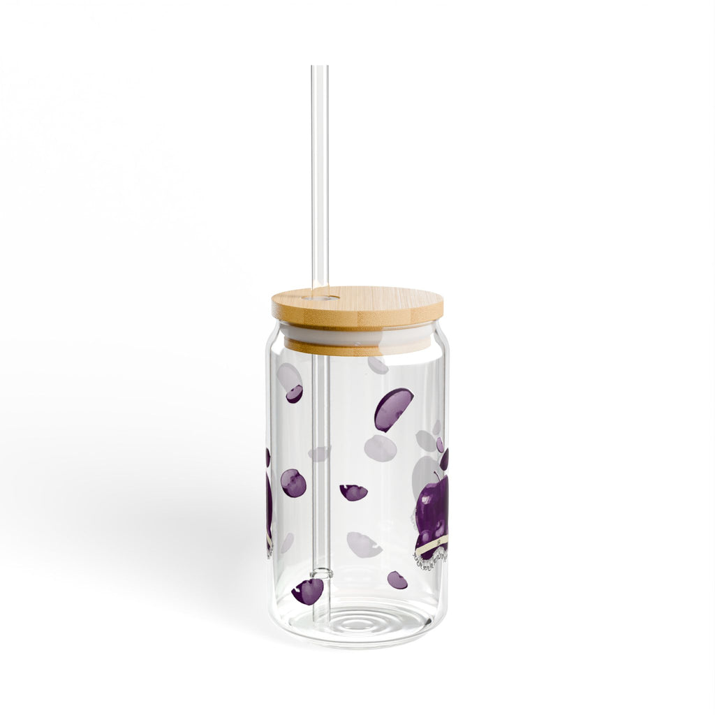 16oz Glass Sipper Cup with Purple Apple & Petals | Aesthetic Glass Tumbler with Bamboo Lid & Straw | Cute Reusable Iced Coffee Cup Printify