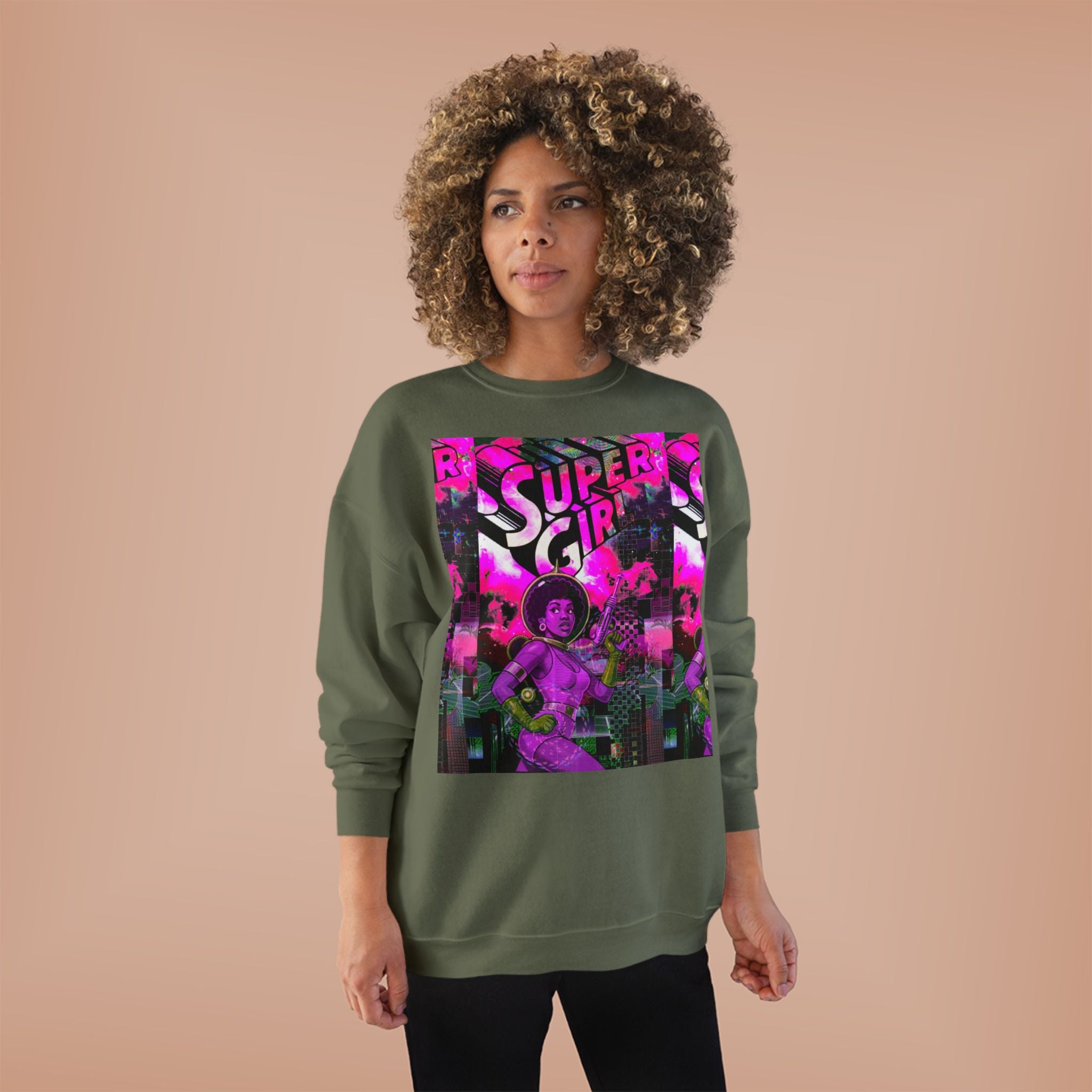 Super Girl Crewneck Sweatshirt — Retro Neon Comic Graphic