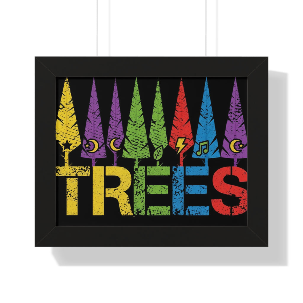 Framed Poster - Colorful 'TREES' Graphic Art Print (Rainbow Forest, Retro Distressed)
