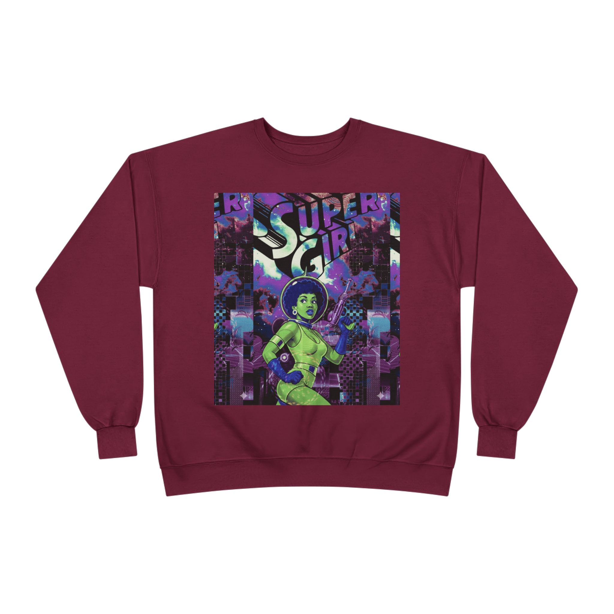 Retro Sci‑Fi 'Supergirl' Graphic Sweatshirt — Neon Space Comic Crewneck