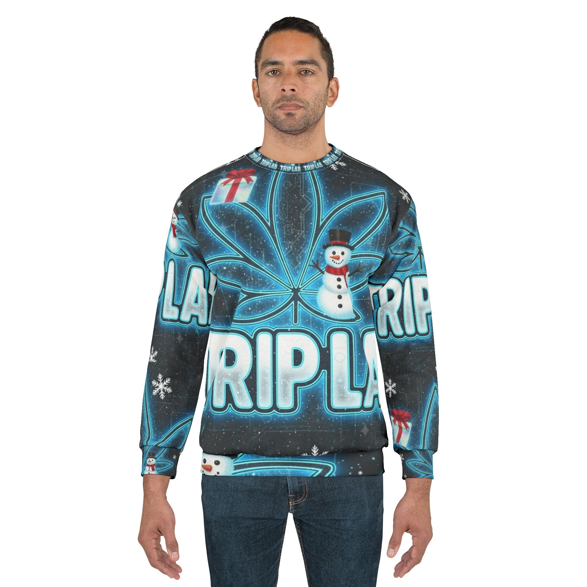 TripLab Holiday Graphic Sweatshirt — Blue Cannabis🎁❄️ Leaf & Snowman All-Over Print