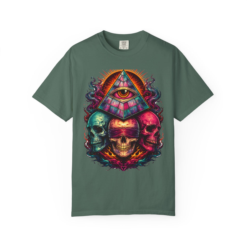 T-Shirt — Psychedelic All-Seeing Eye & Triple Skulls Graphic.       💀 i got make tags for for this Printify