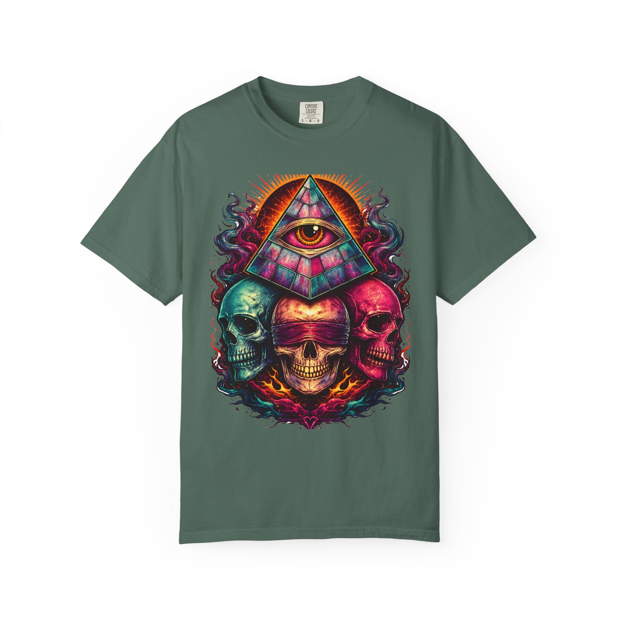 T-Shirt — Psychedelic All-Seeing Eye & Triple Skulls Graphic.       💀 i got make tags for for this Printify