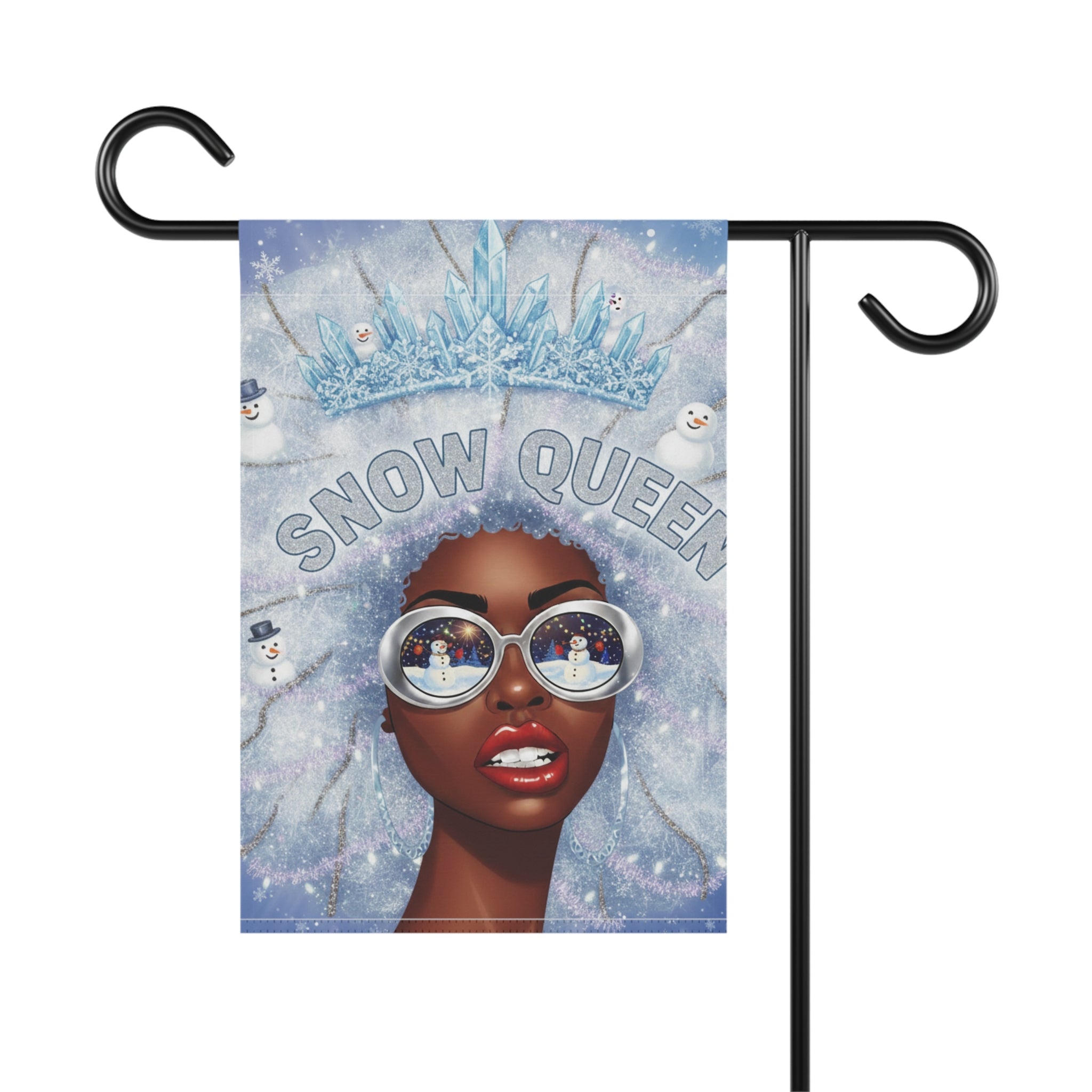 Snow Queen Garden Flag — Winter Decor Banner with Reflective Sunglasses Design