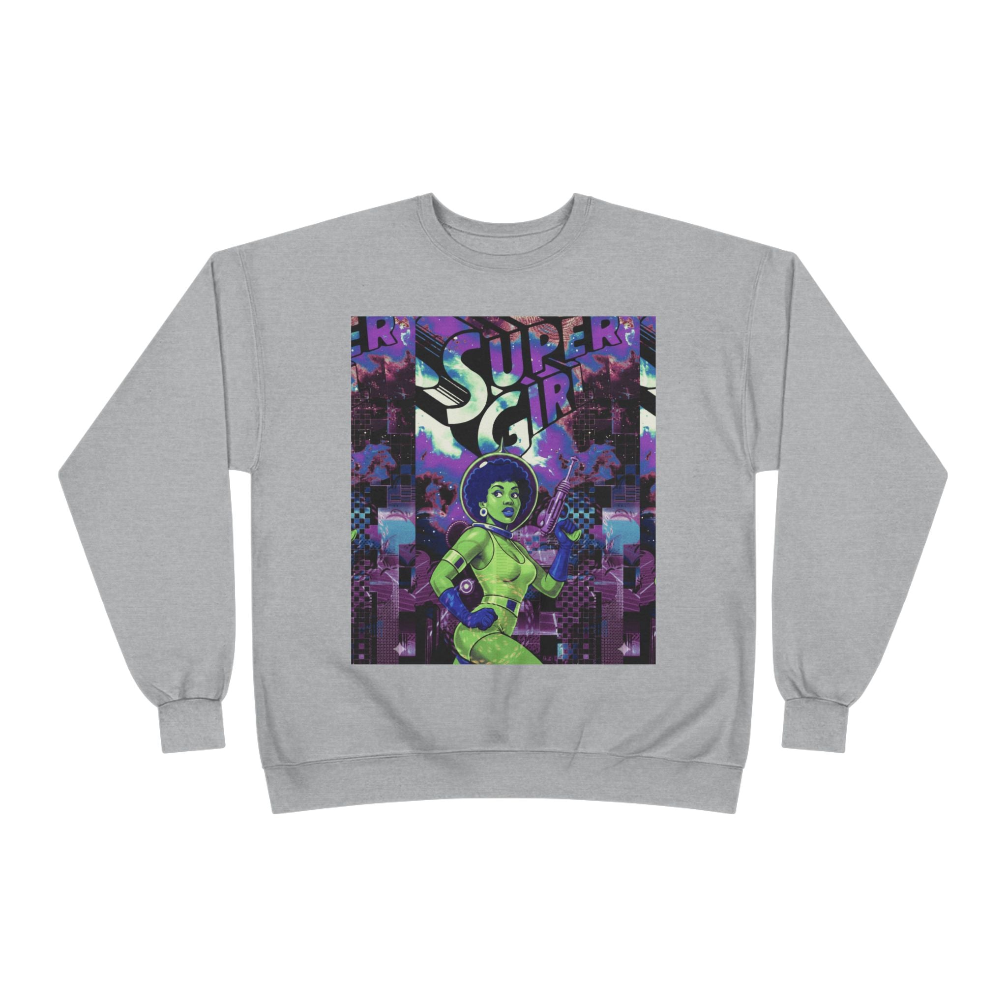Retro Sci‑Fi 'Supergirl' Graphic Sweatshirt — Neon Space Comic Crewneck