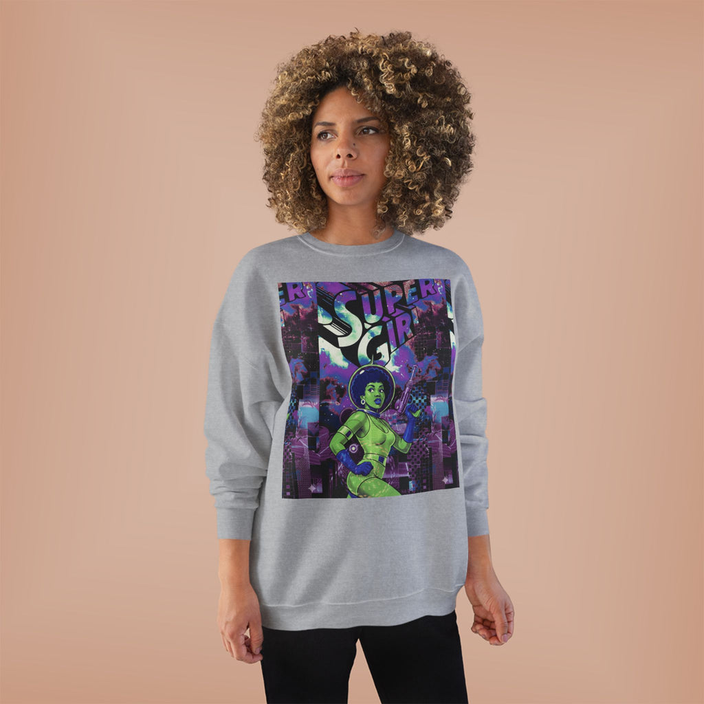 Retro Sci‑Fi 'Supergirl' Graphic Sweatshirt — Neon Space Comic Crewneck