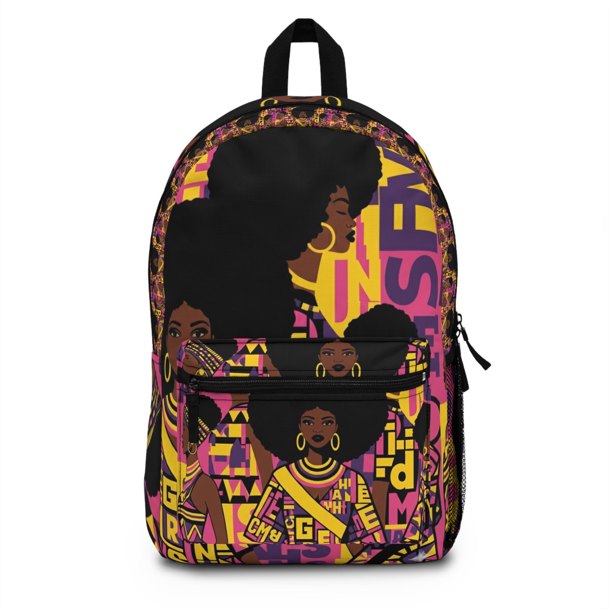 Afro Queen Pattern Backpack – Bold Pink & Gold Afrocentric School Bag