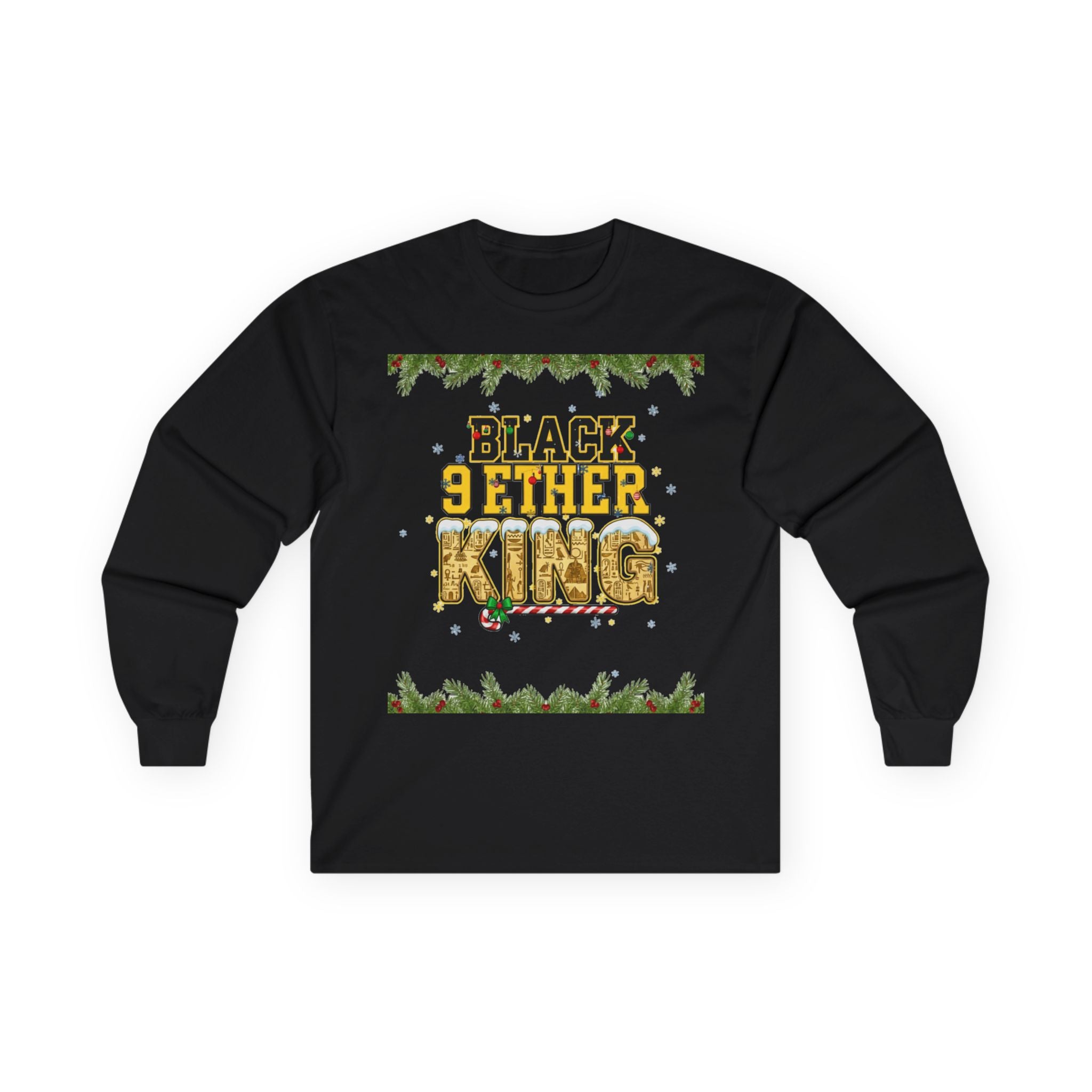 Long Sleeve Tee — "Black 9ether King" Holiday Graphic with Pine Garland