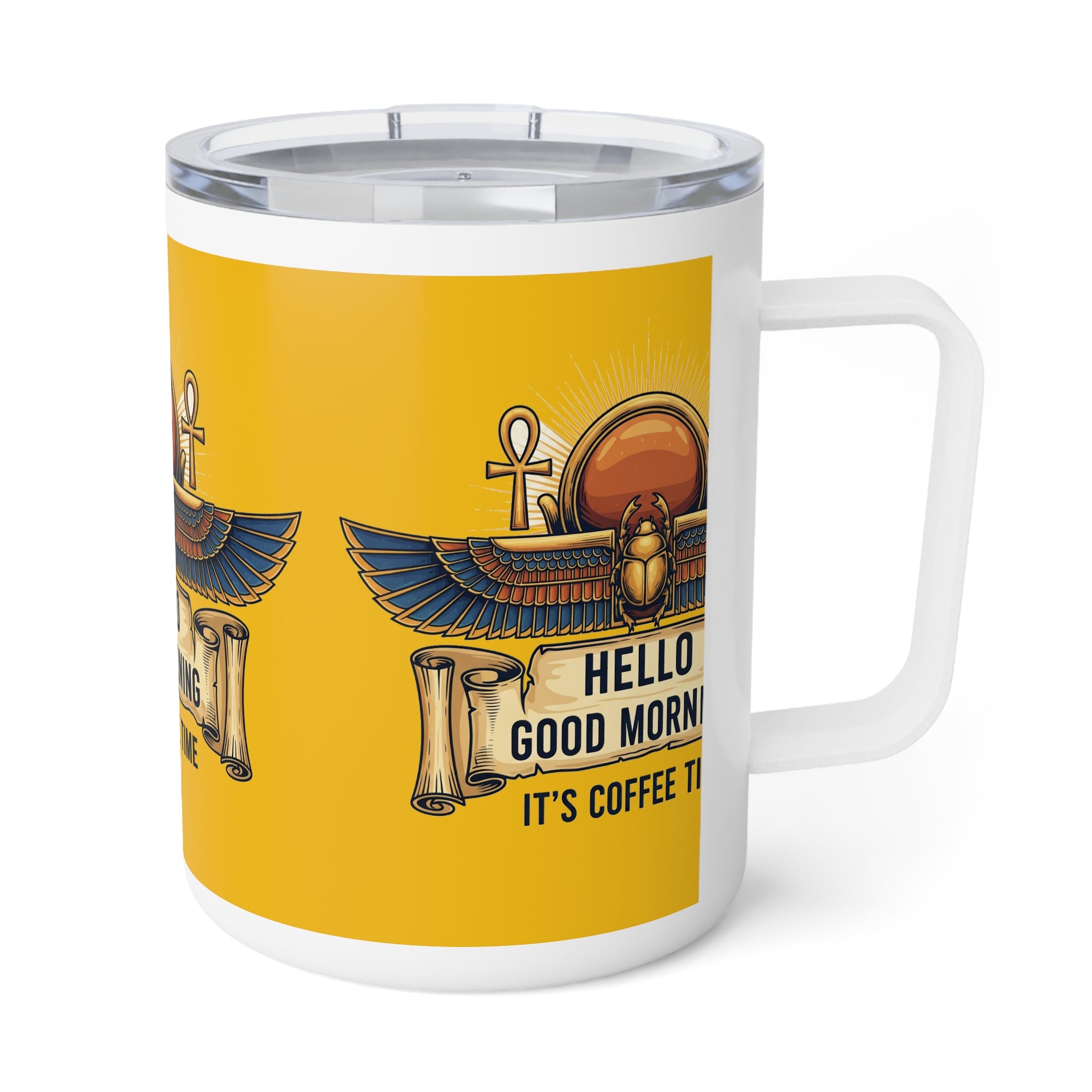 Egyptian Scarab 10oz Insulated Coffee Mug — “Hello Good Morning, It’s Coffee Time”