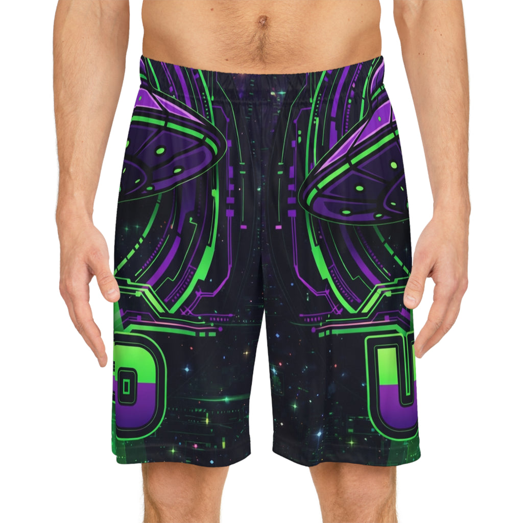 Neon UFO Streetwear Shorts – Alien Energy All-Over Print Printify