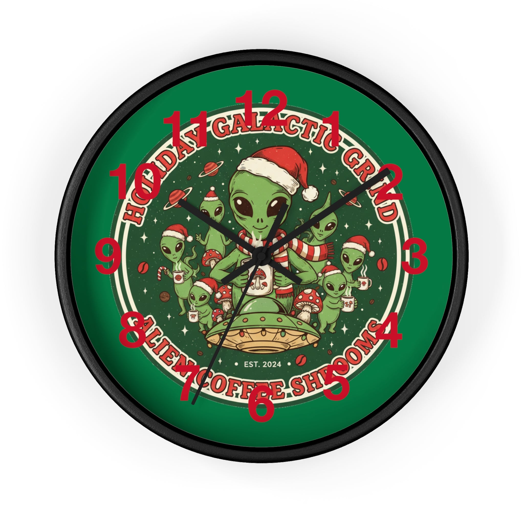 Holiday Galactic Grind Wall Clock — Alien Coffee Shop Christmas Design🎁☕️