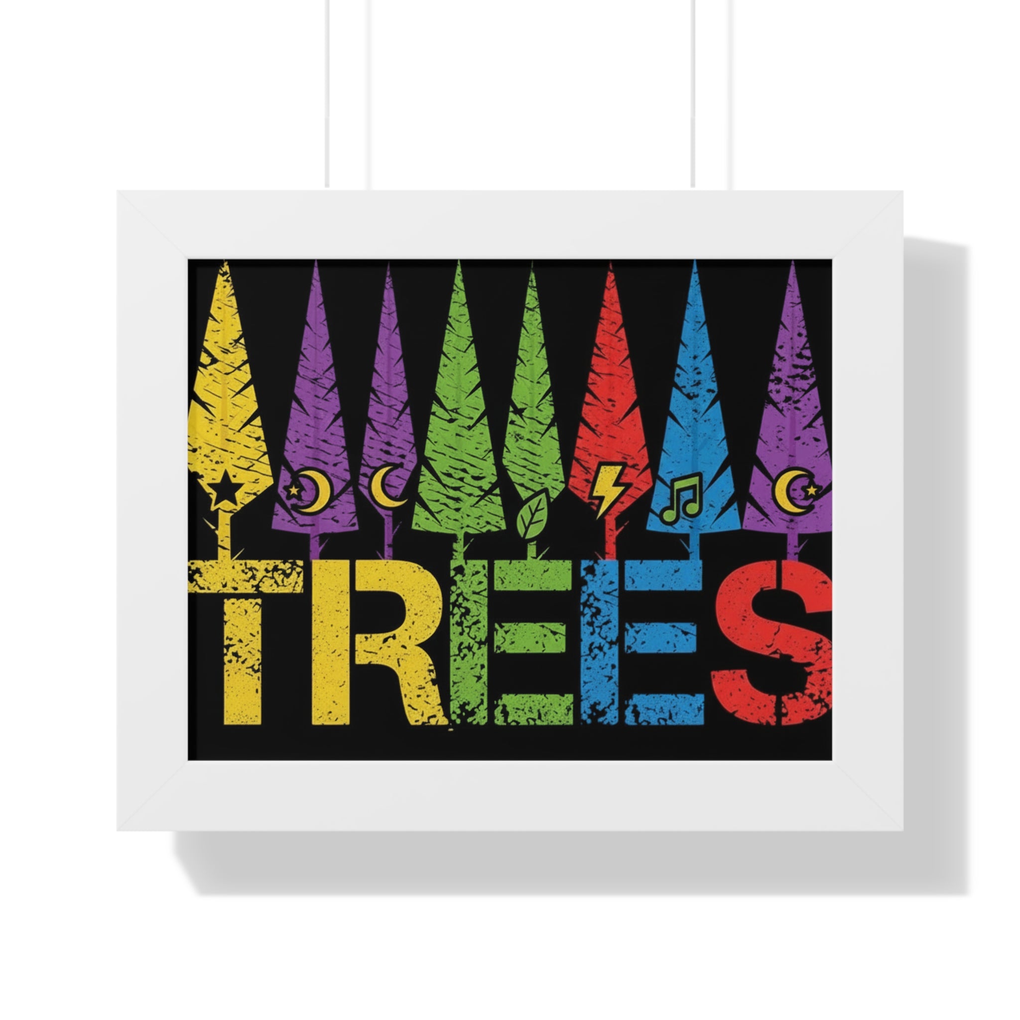 Framed Poster - Colorful 'TREES' Graphic Art Print (Rainbow Forest, Retro Distressed)