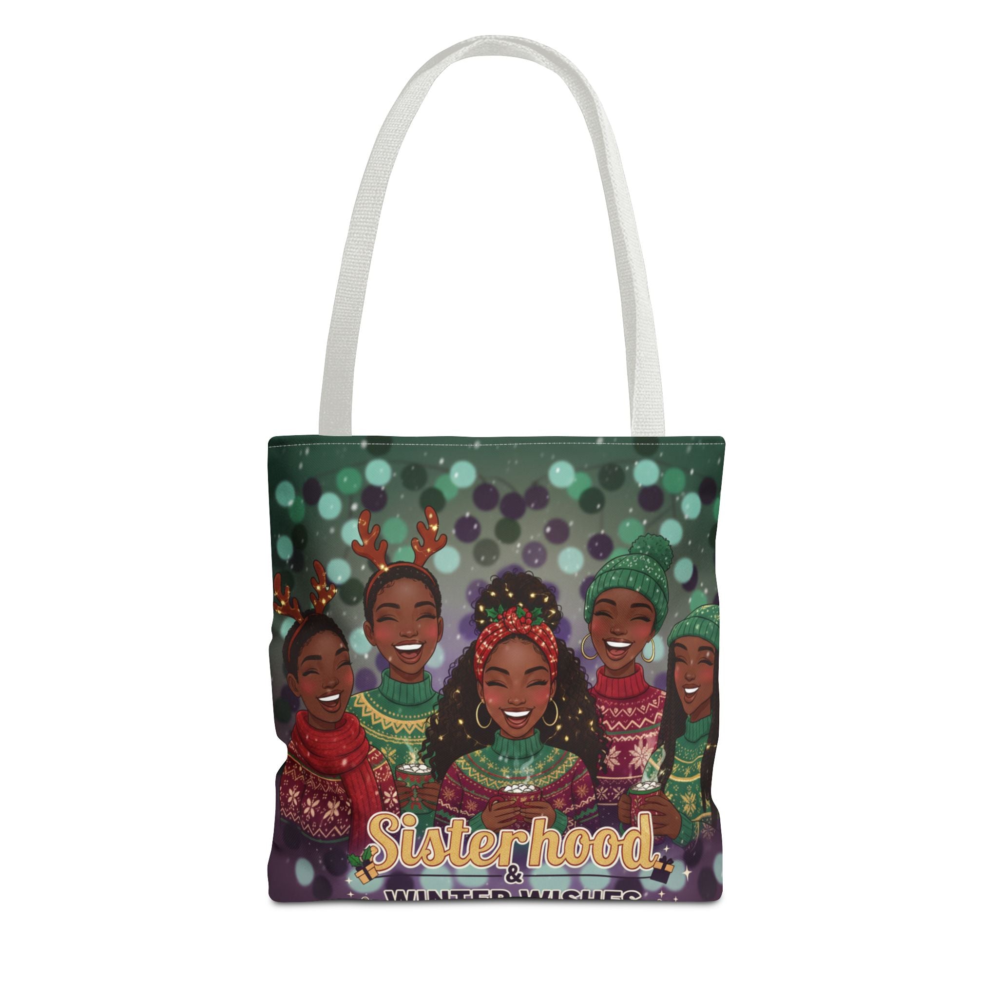 Sisterhood Winter Wishes Holiday Tote Bag — Festive Afrocentric Christmas Market Bag🎄