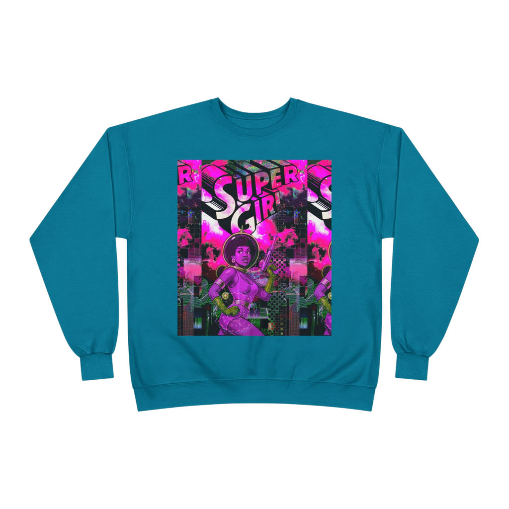 Super Girl Crewneck Sweatshirt — Retro Neon Comic Graphic