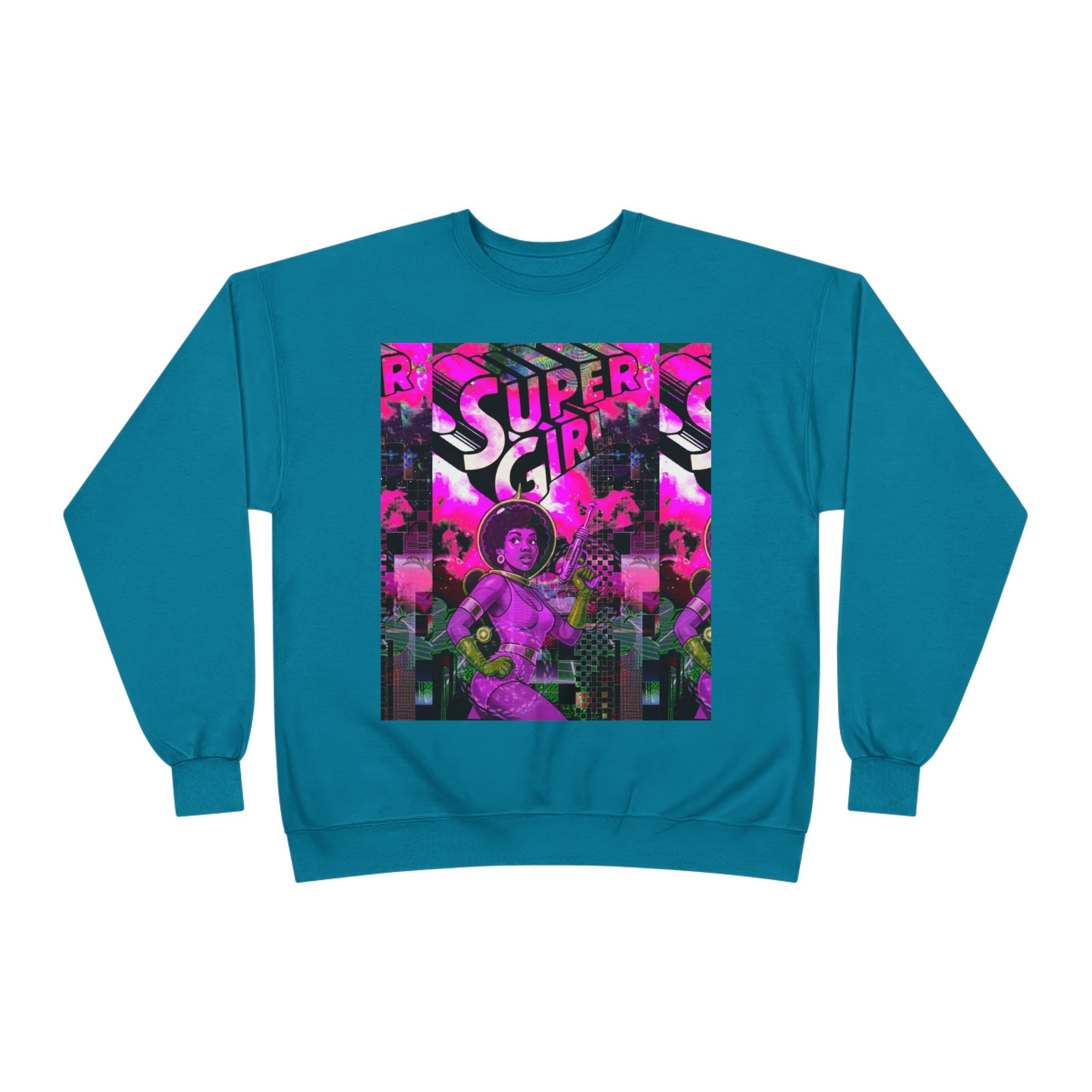 Super Girl Crewneck Sweatshirt — Retro Neon Comic Graphic