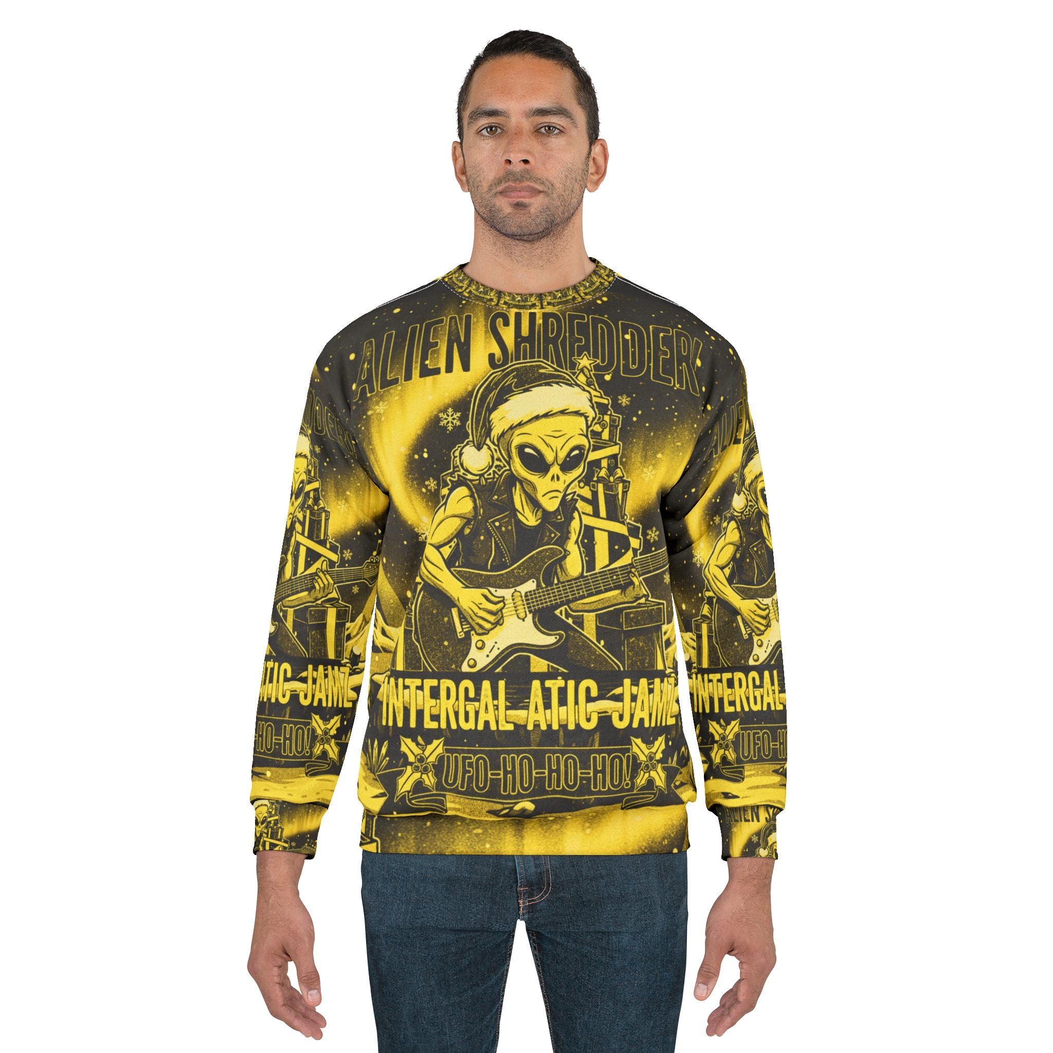 Alien Shredder Sweatshirt — Holiday Rocking UFO Guitar Graphic