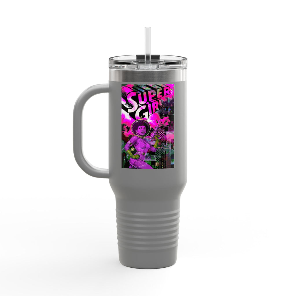 40oz Travel Mug — Neon 'Super Girl' Retro Comic Design