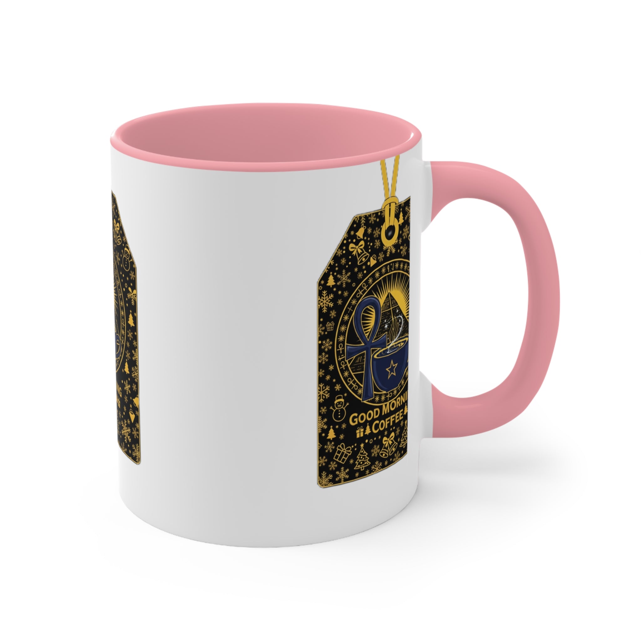 Good Morning Coffee Accent Mug — Pink Interior Ceramic Coffee Mug with Gold Tarot Tag Design