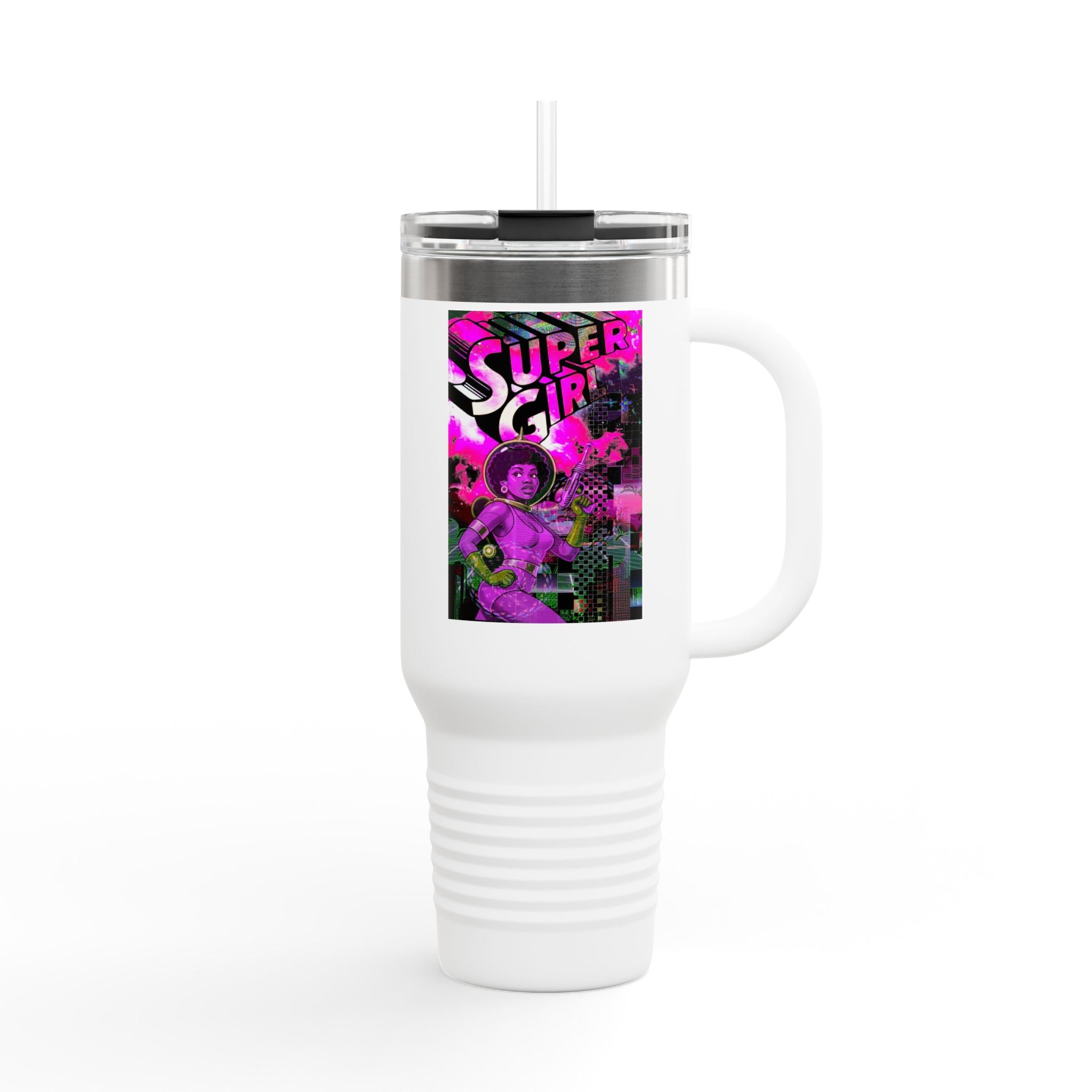 40oz Travel Mug — Neon 'Super Girl' Retro Comic Design