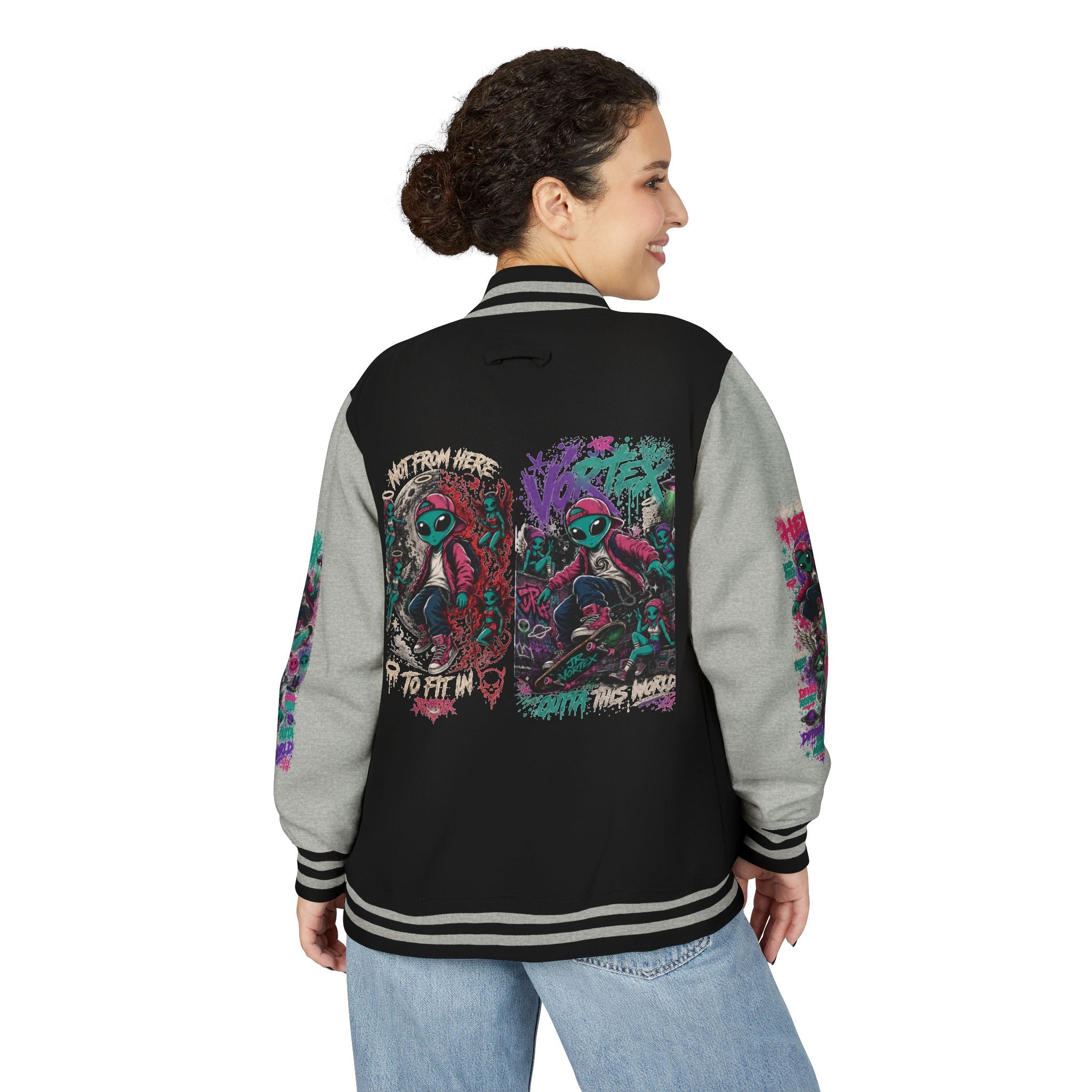 Letterman Jacket — Neon Alien Skull Graphic Varsity Jacket