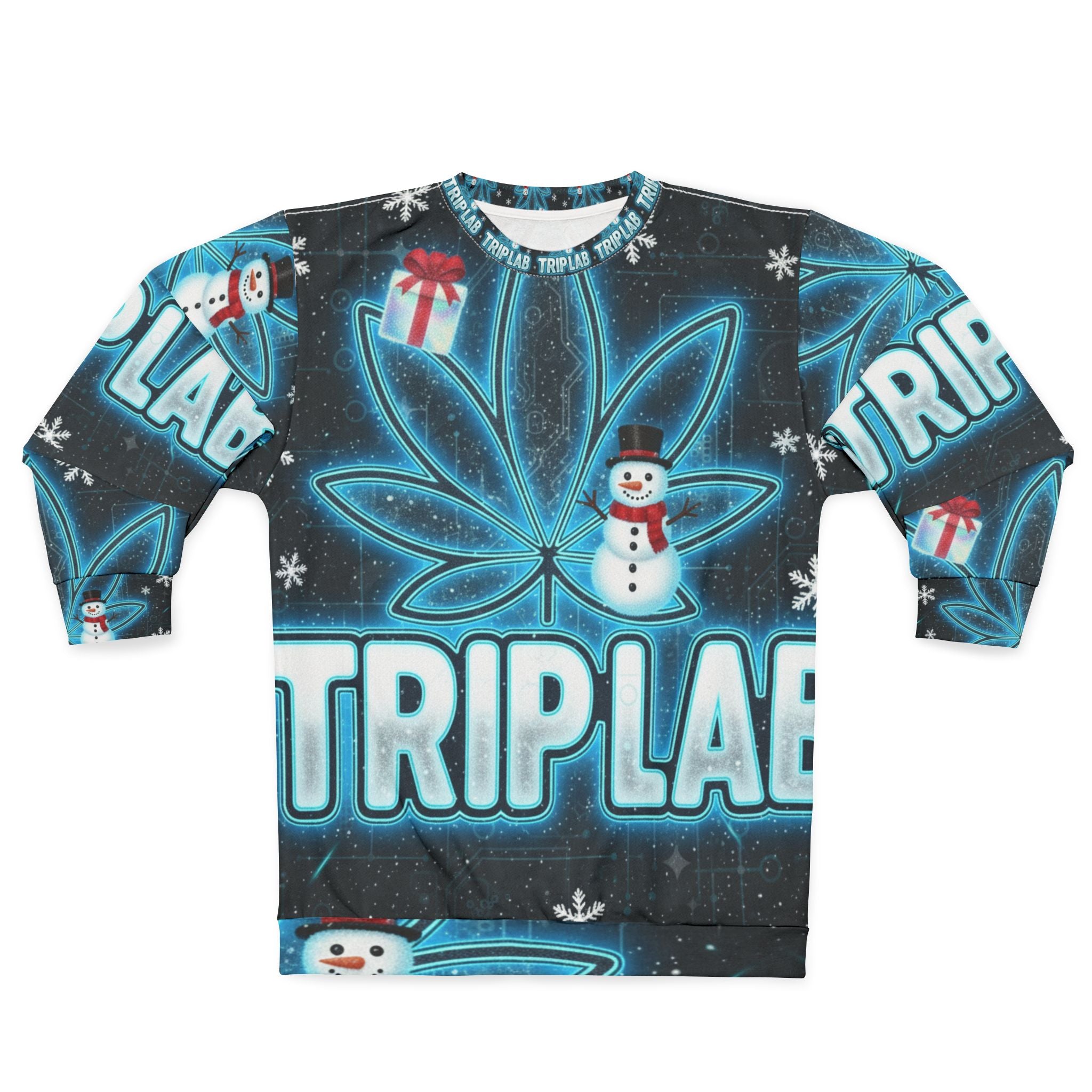 TripLab Holiday Graphic Sweatshirt — Blue Cannabis🎁❄️ Leaf & Snowman All-Over Print