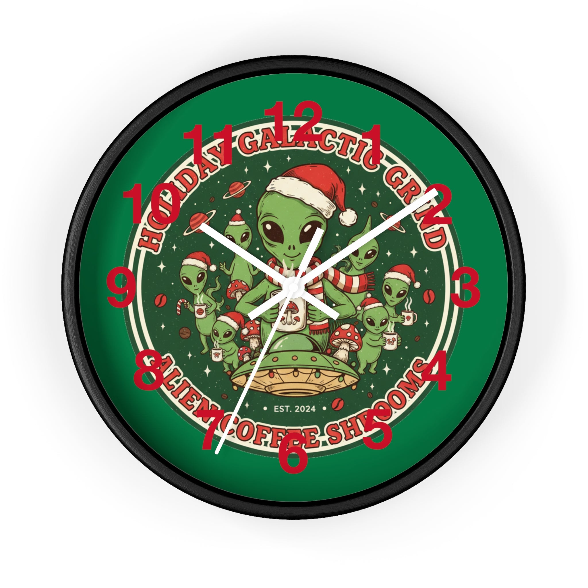Holiday Galactic Grind Wall Clock — Alien Coffee Shop Christmas Design🎁☕️