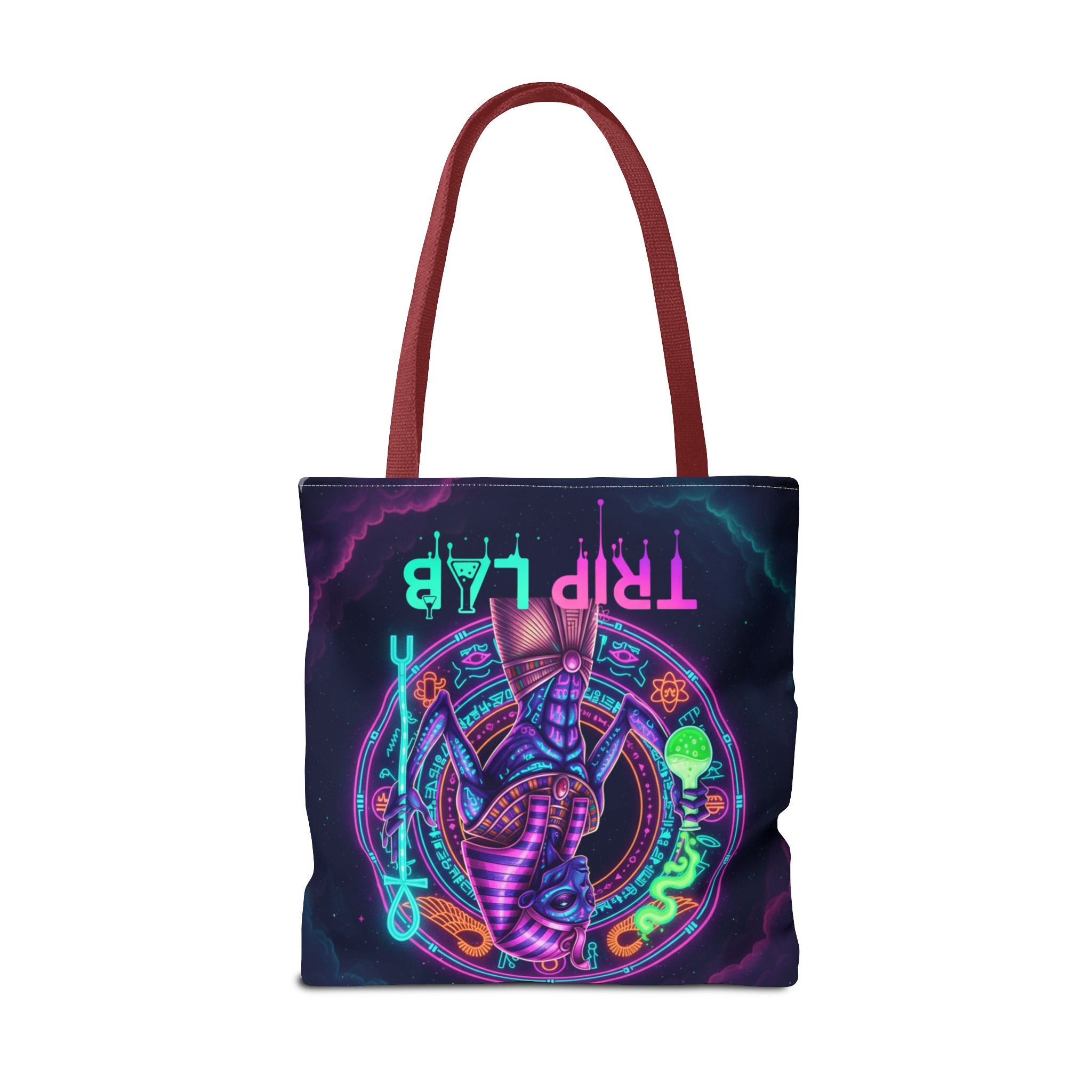 Psychedelic Trip Lab Tote Bag — Neon Ancient-Egypt Anubis All-Over Print