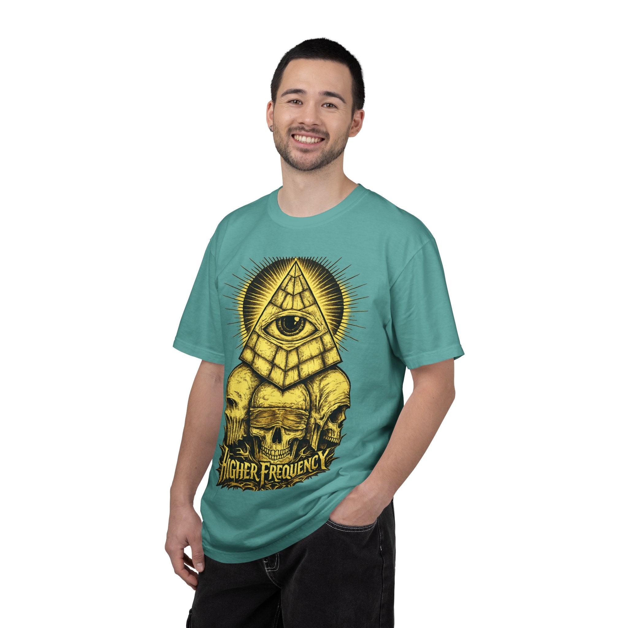 Higher Frequency Pyramid Eye T-Shirt — Occult Skull Graphic Tee Printify