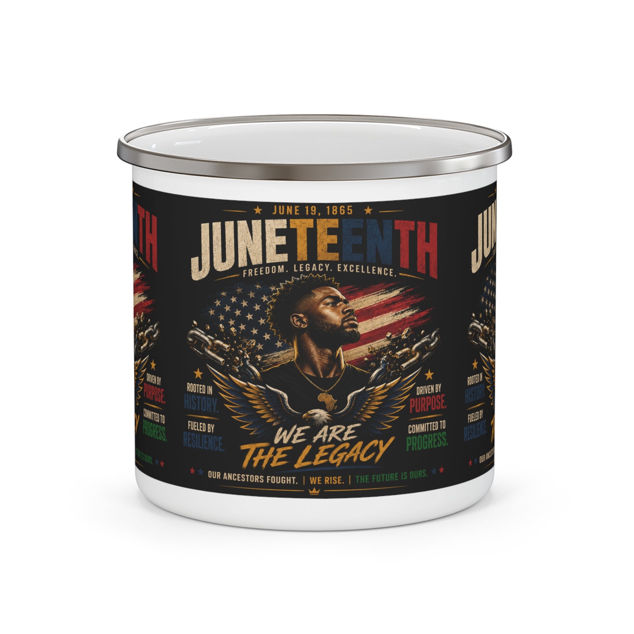 Juneteenth Enamel Camping Mug — "We Are The Legacy" Patriotic Celebration Cup