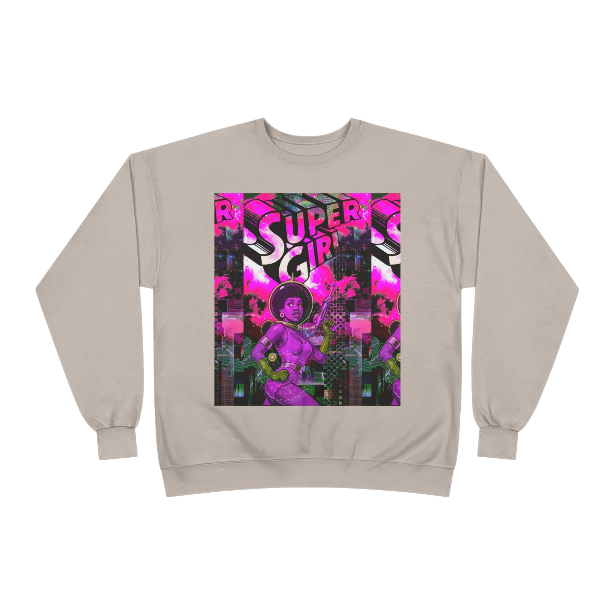 Super Girl Crewneck Sweatshirt — Retro Neon Comic Graphic