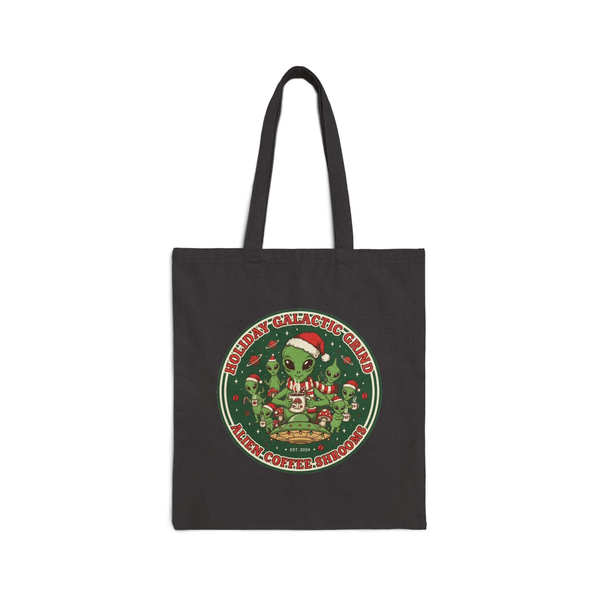 Alien Holiday Tote Bag — “Holiday Galactic Grind” Christmas Canvas Tote🎁☕️