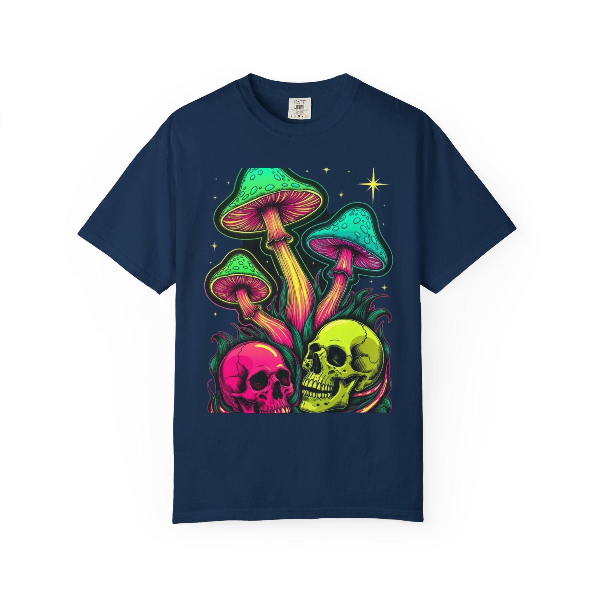 Psychedelic Mushroom & Skulls T-Shirt — Neon Trippy Graphic Tee