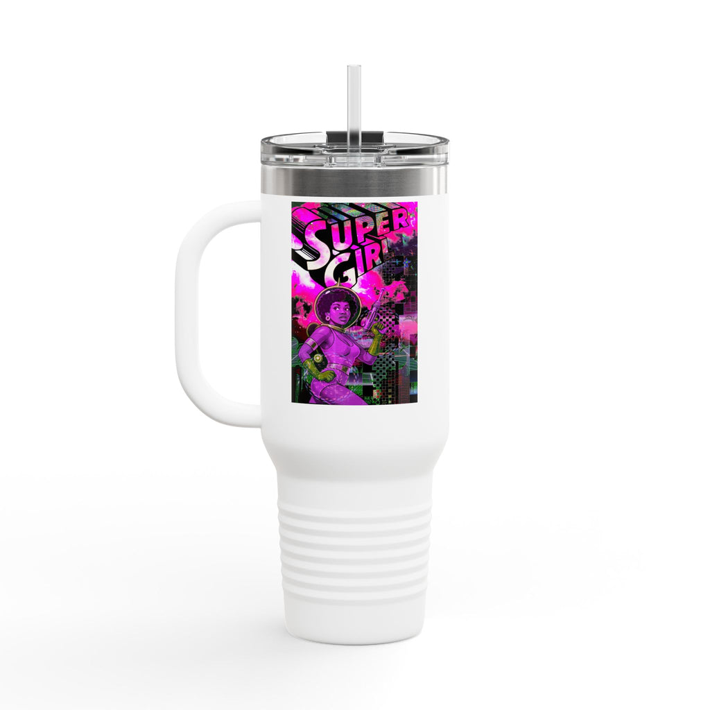 40oz Travel Mug — Neon 'Super Girl' Retro Comic Design
