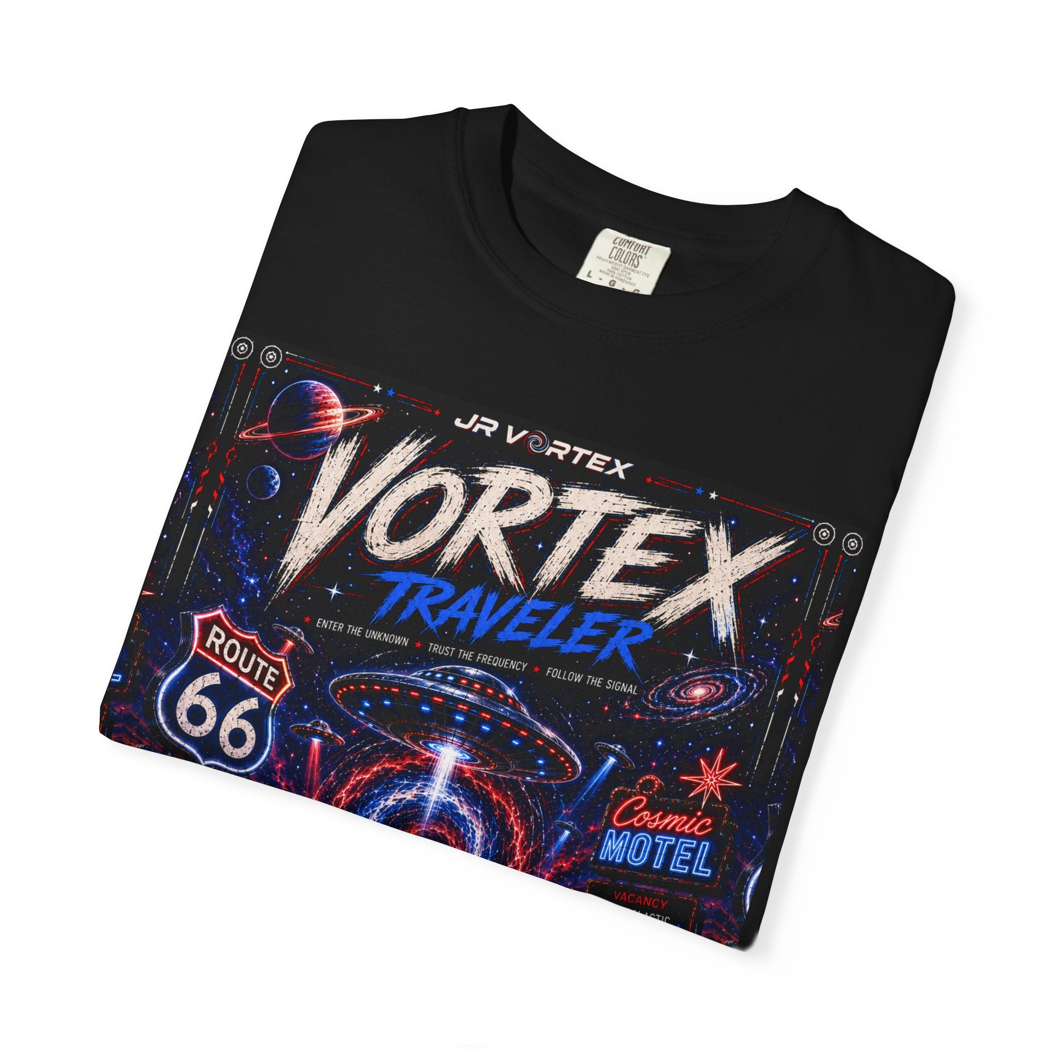 Vortex Traveler Graphic T-Shirt — Retro Route 66 Neon Space Design