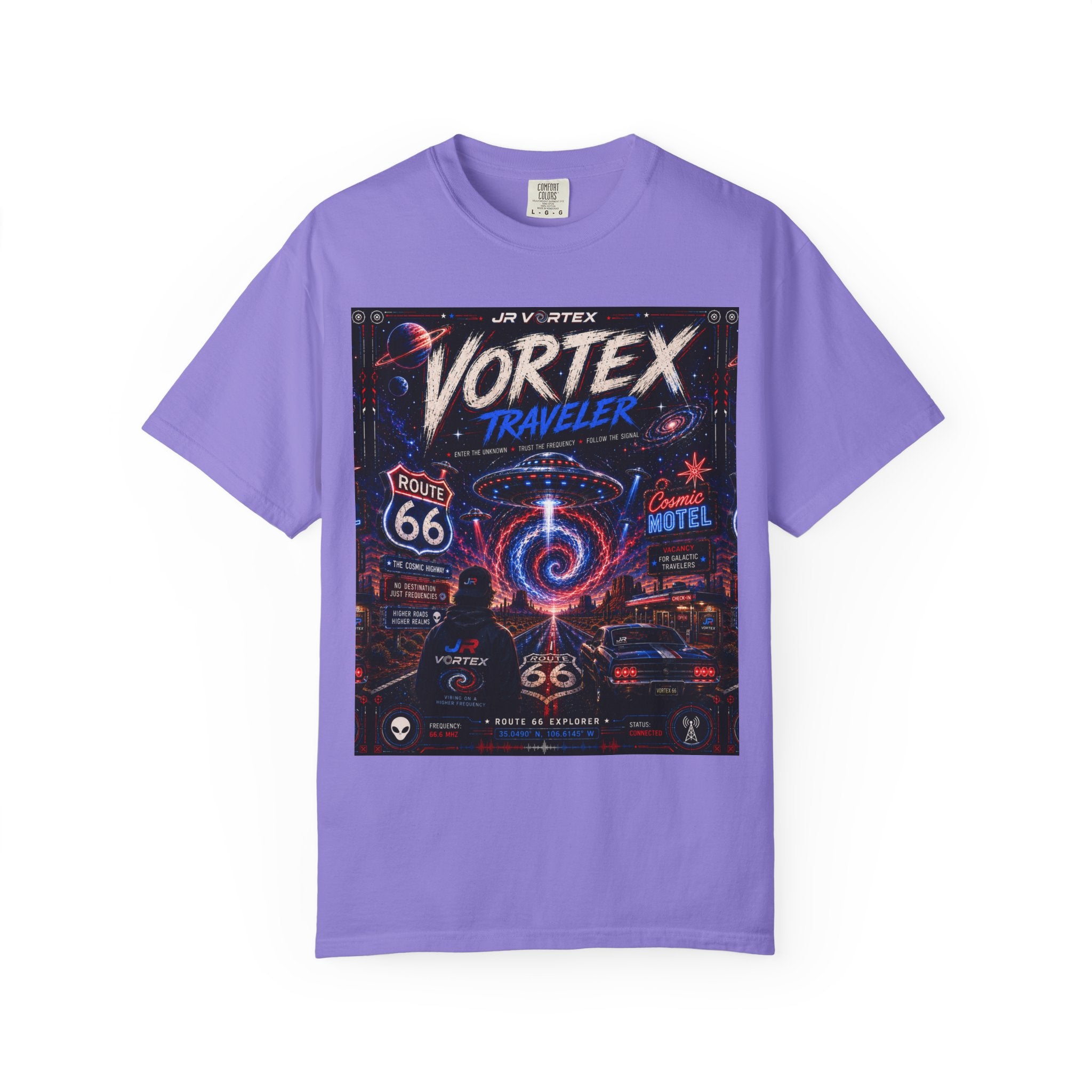 Vortex Traveler Graphic T-Shirt — Retro Route 66 Neon Space Design