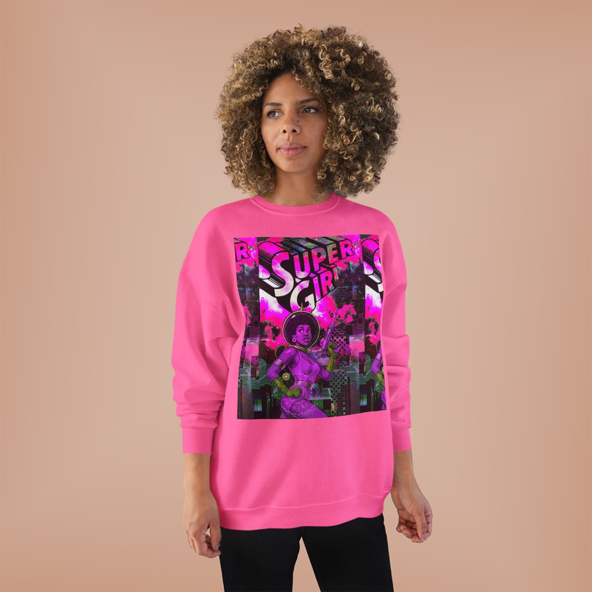 Super Girl Crewneck Sweatshirt — Retro Neon Comic Graphic