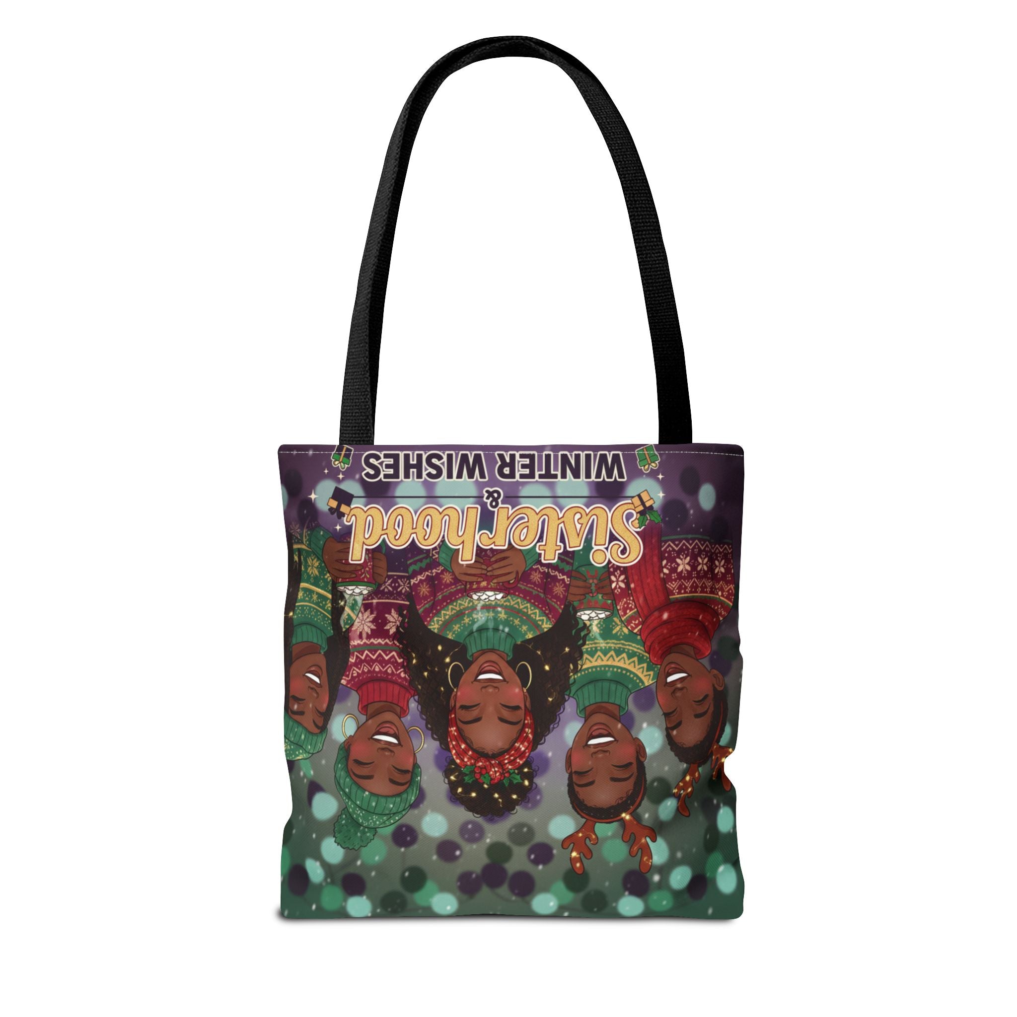 Sisterhood Winter Wishes Holiday Tote Bag — Festive Afrocentric Christmas Market Bag🎄