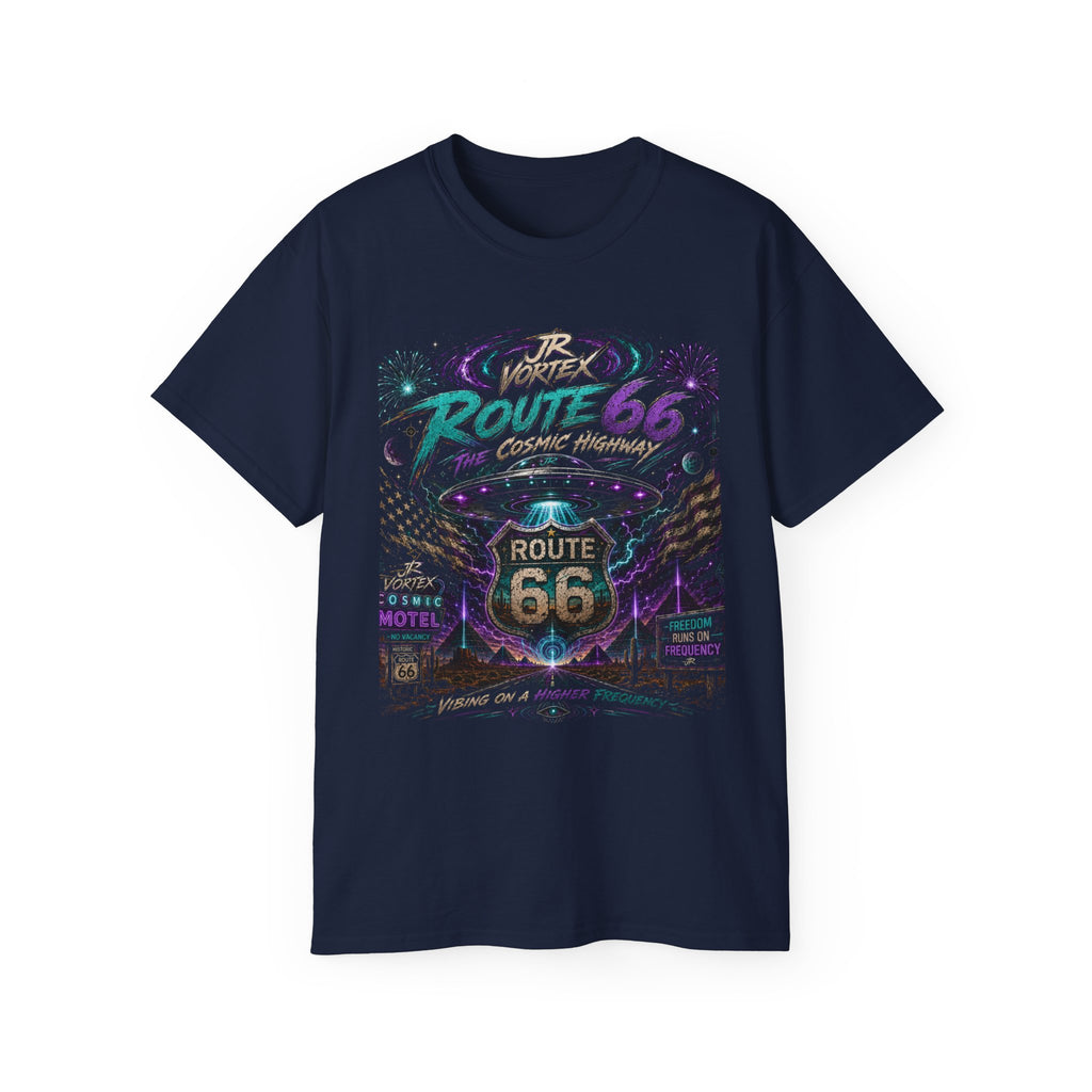 Route 66 Cosmic Highway Tee – JR Vortex UFO Neon Graphic T-Shirt