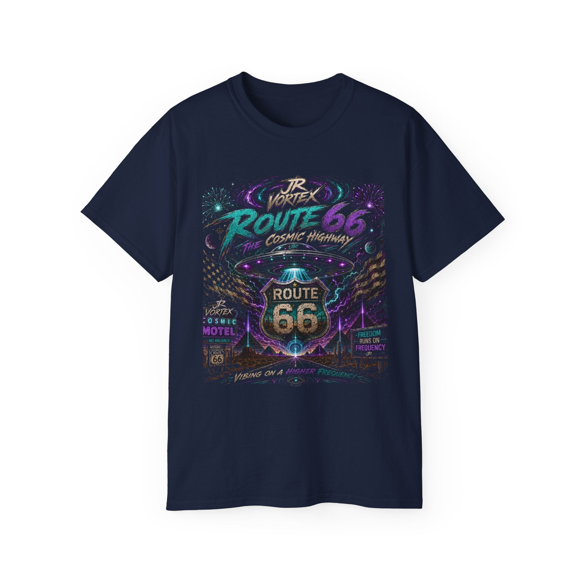 Route 66 Cosmic Highway Tee – JR Vortex UFO Neon Graphic T-Shirt