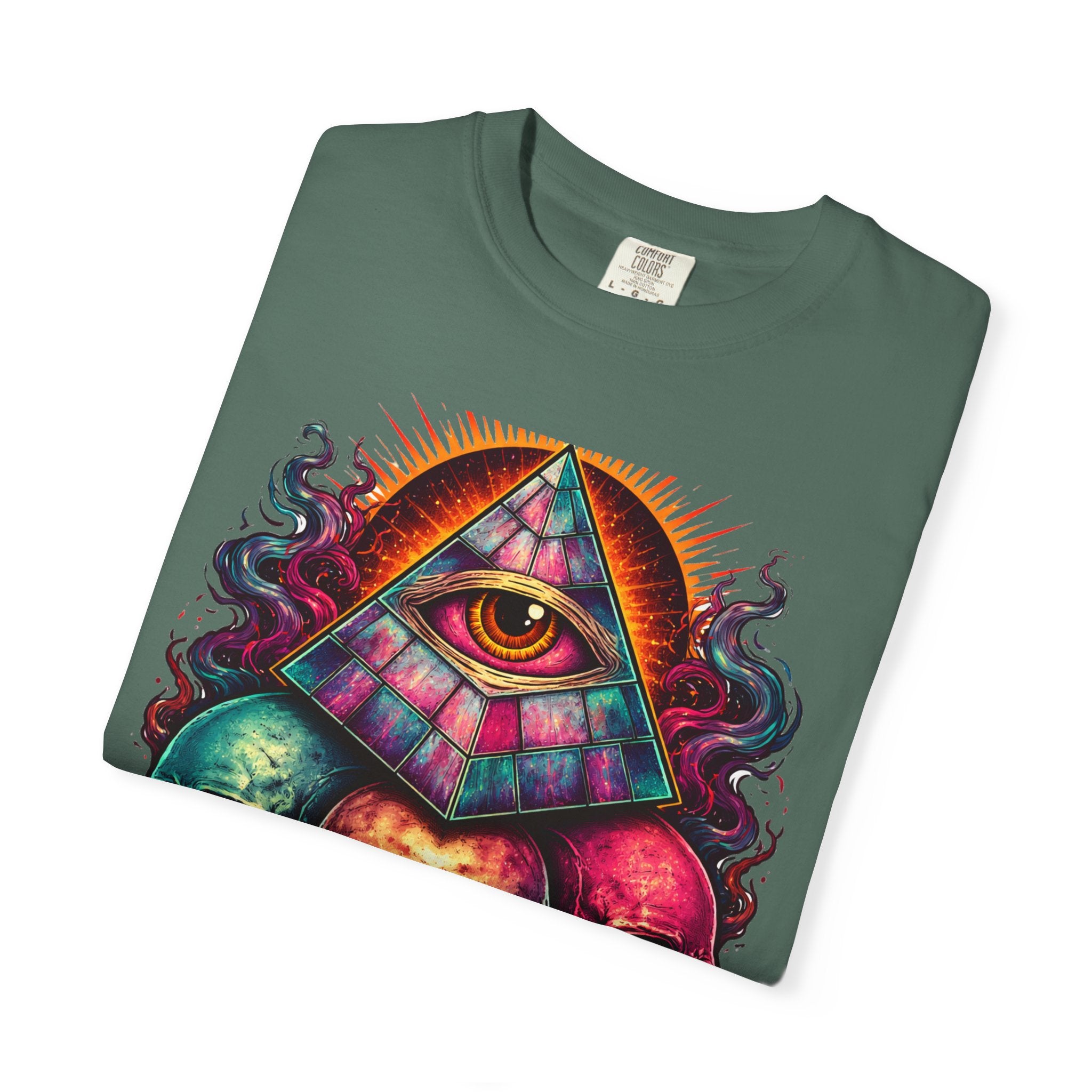 T-Shirt — Psychedelic All-Seeing Eye & Triple Skulls Graphic.       💀 i got make tags for for this Printify