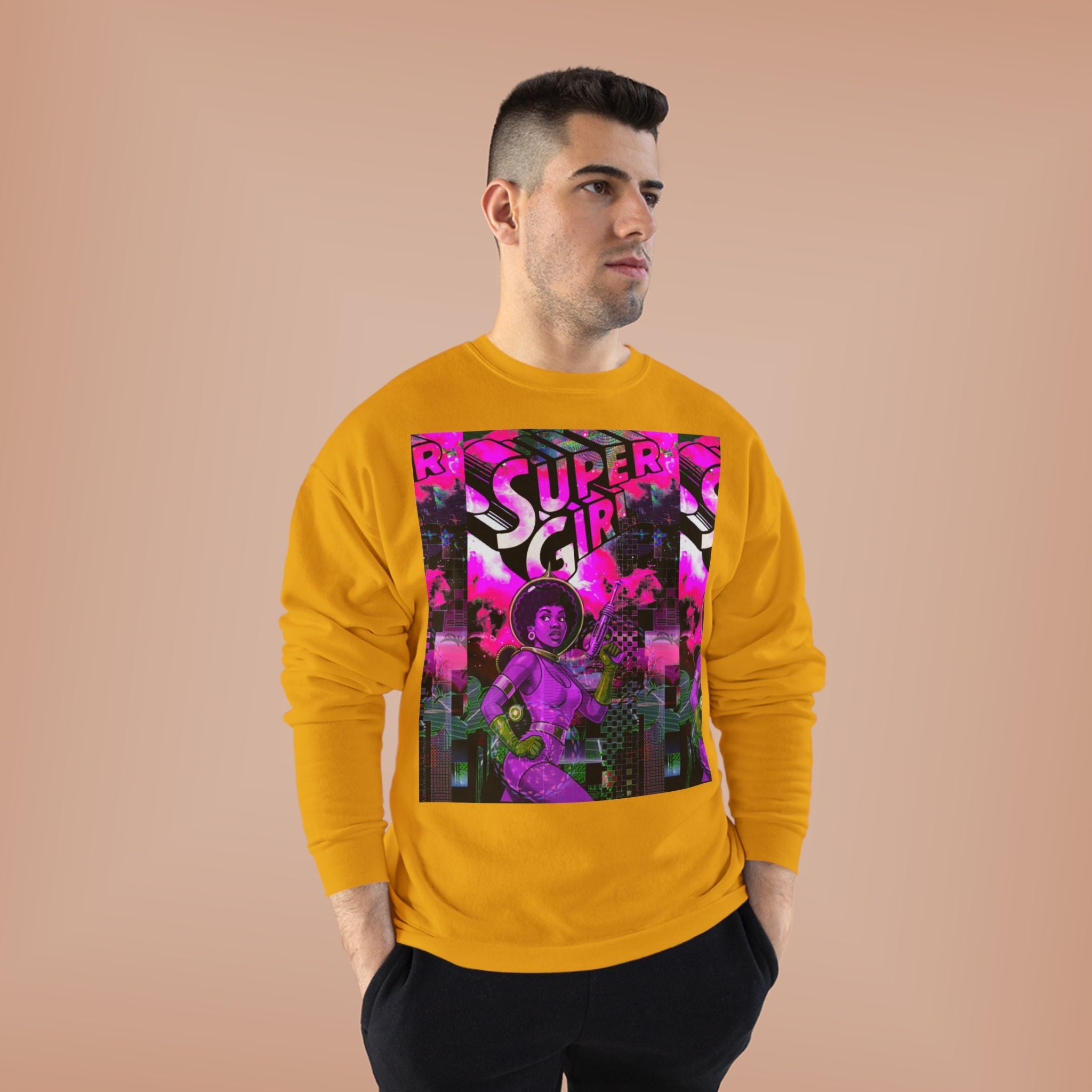 Super Girl Crewneck Sweatshirt — Retro Neon Comic Graphic