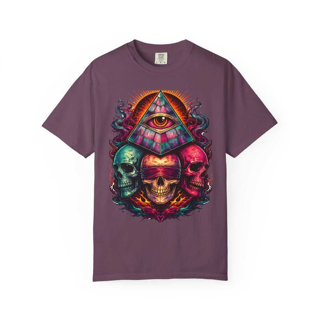 T-Shirt — Psychedelic All-Seeing Eye & Triple Skulls Graphic.       💀 i got make tags for for this Printify