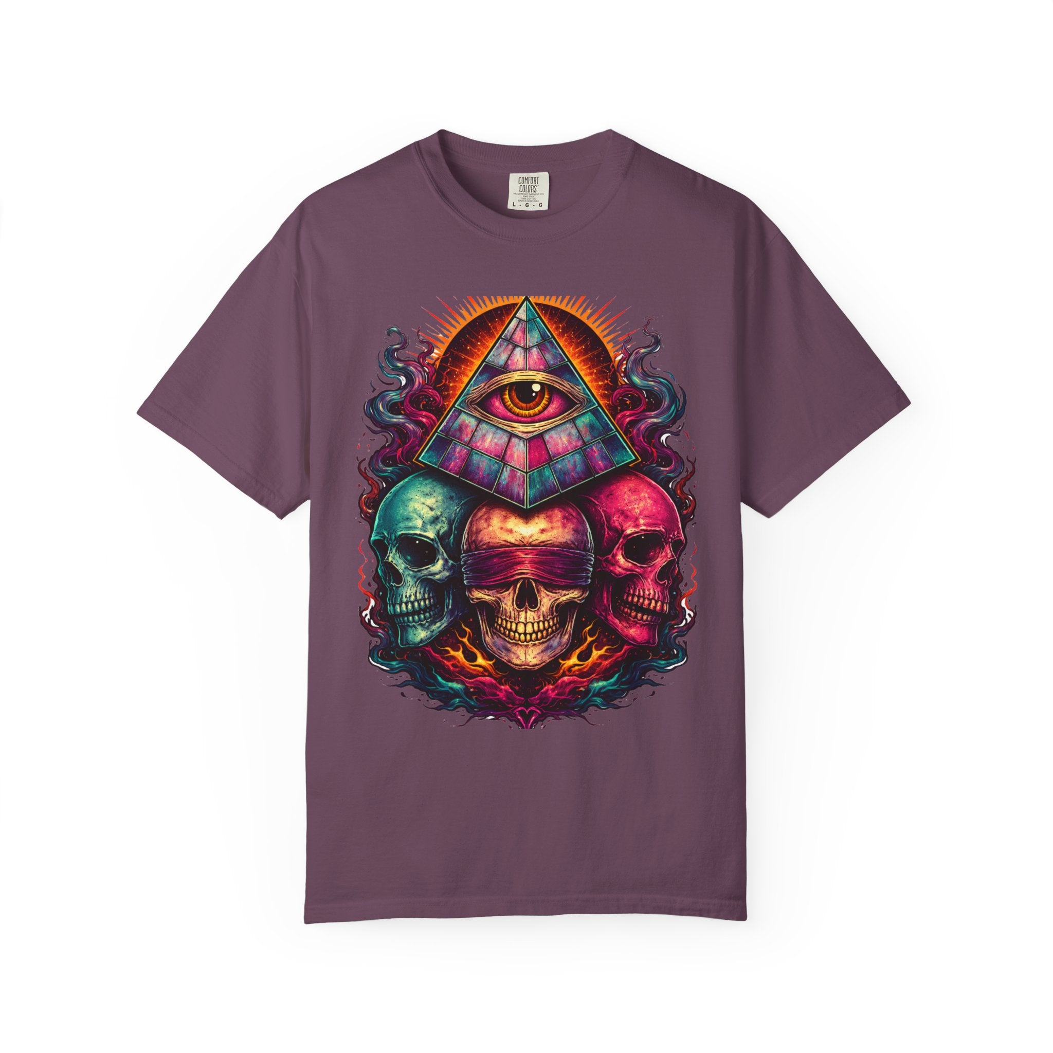 T-Shirt — Psychedelic All-Seeing Eye & Triple Skulls Graphic.       💀 i got make tags for for this Printify