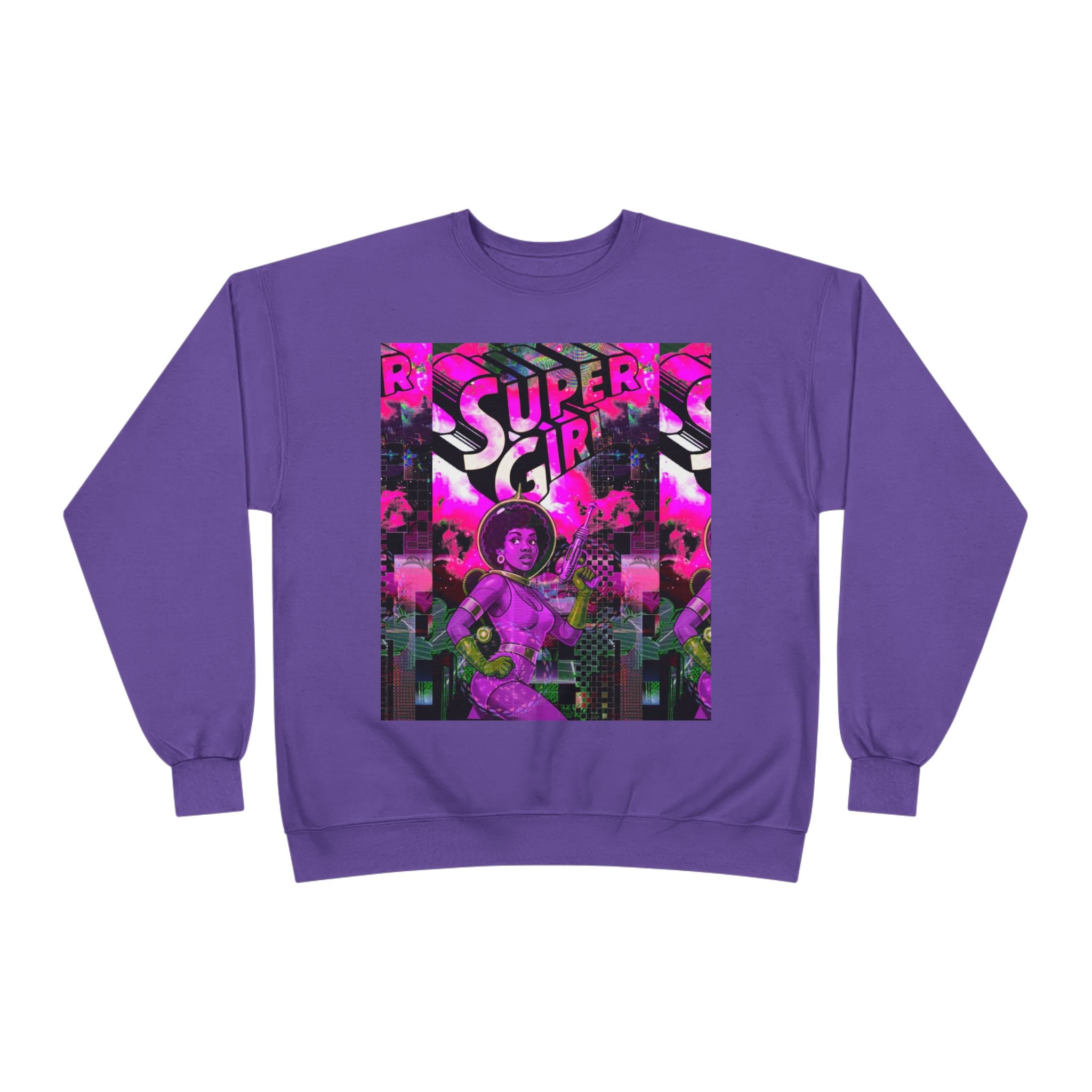 Super Girl Crewneck Sweatshirt — Retro Neon Comic Graphic