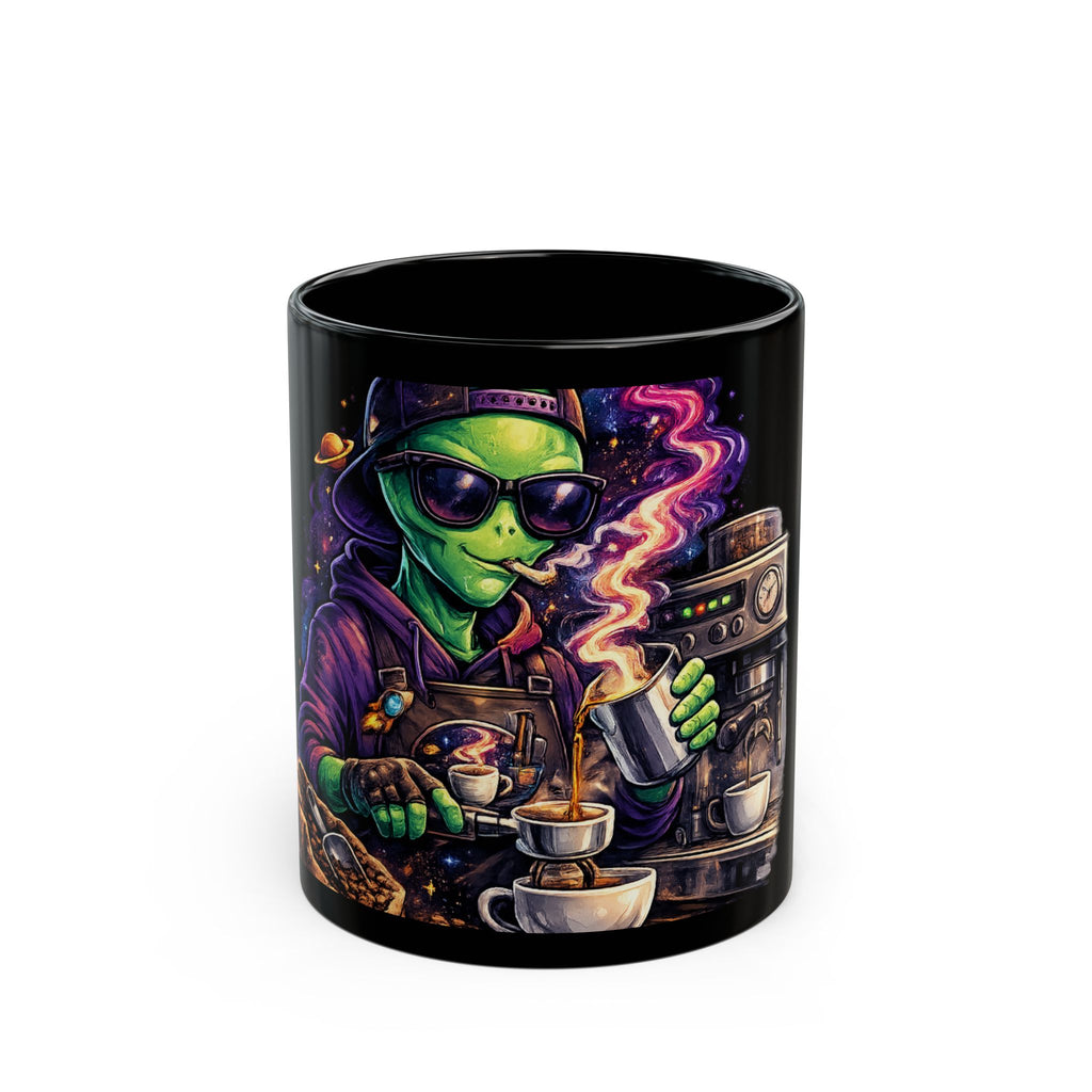 Alien Barista Coffee Mug — Cool Extraterrestrial Espresso Art on Black Ceramic (11oz/15oz) Printify