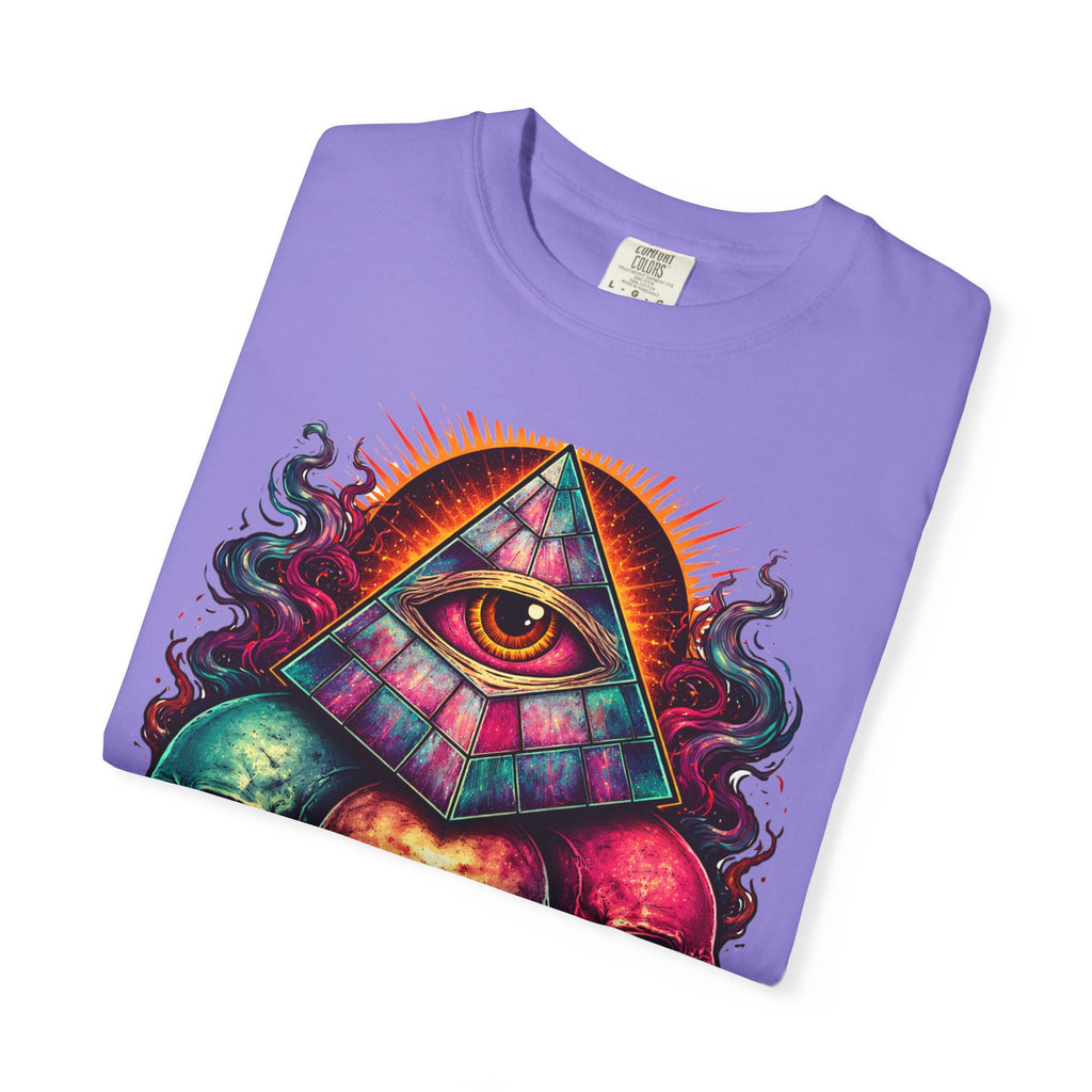 T-Shirt — Psychedelic All-Seeing Eye & Triple Skulls Graphic.       💀 i got make tags for for this Printify